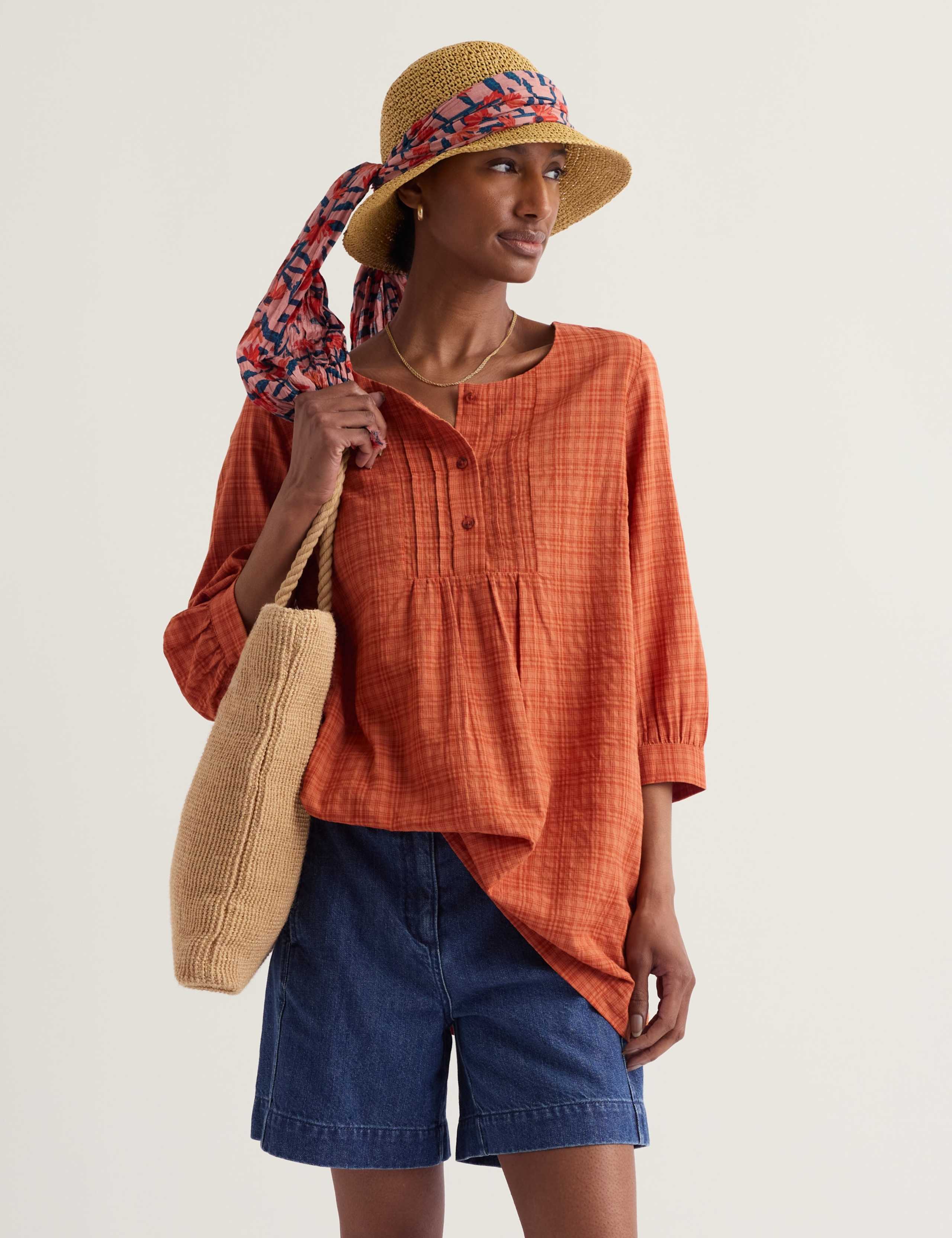 Cotton Rich Checked Scoop Neck Tunic