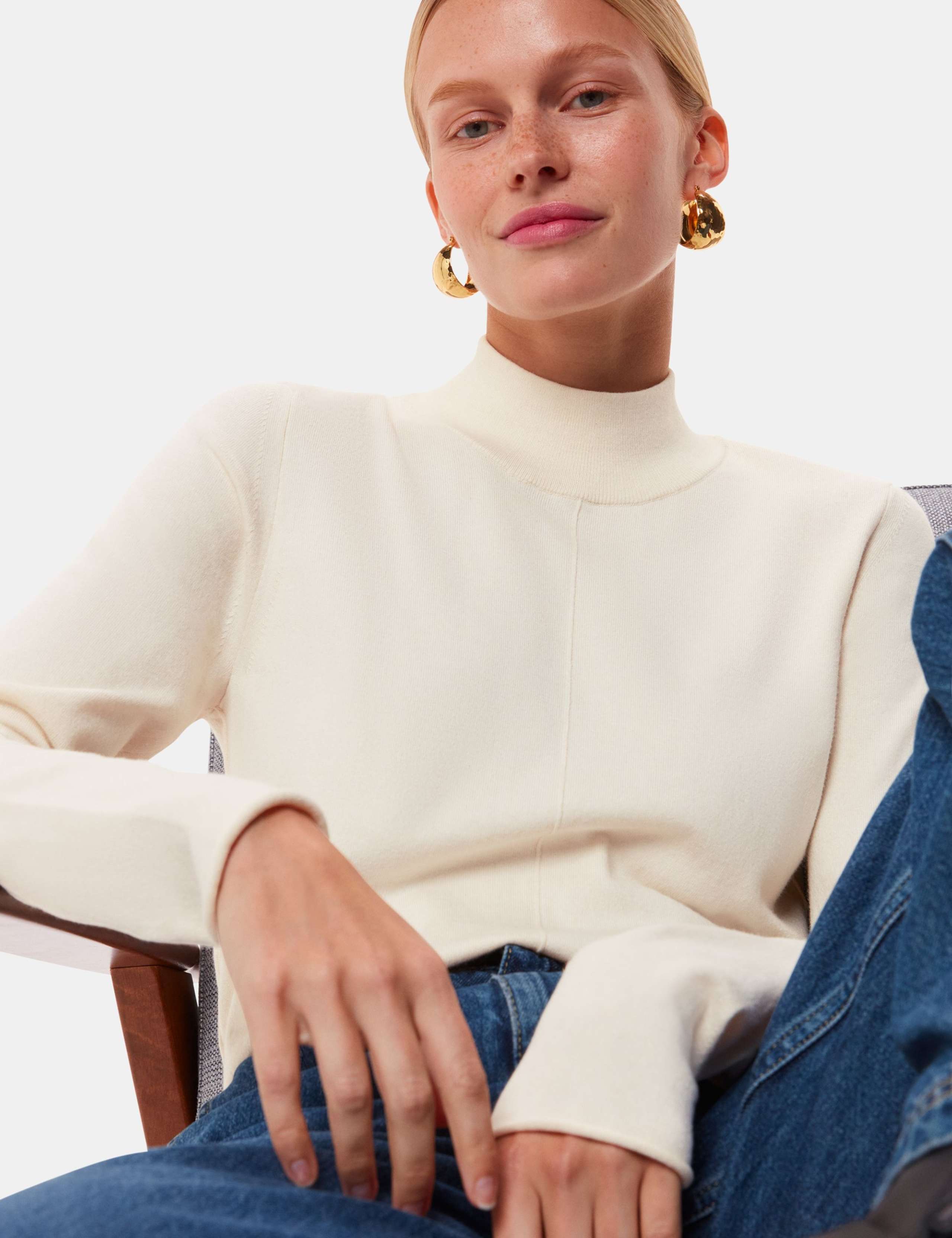 Cotton Blend Textured Funnel Neck Jumper