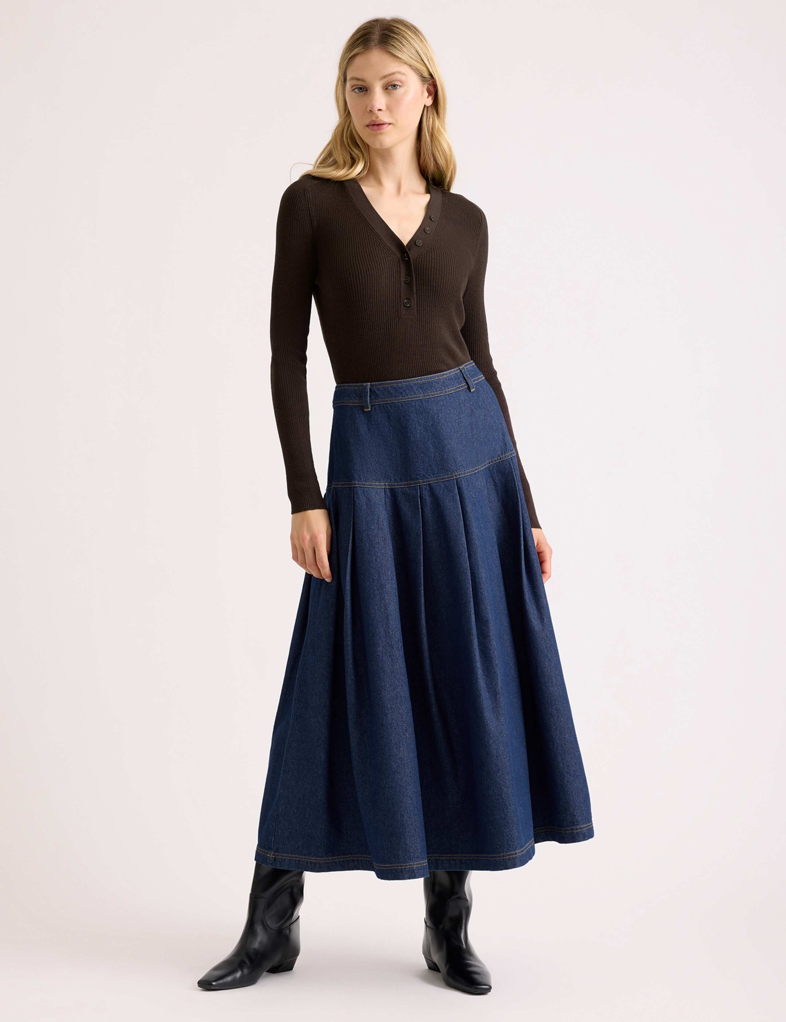 Denim Pleated Drop Waist Midi A-Line Skirt