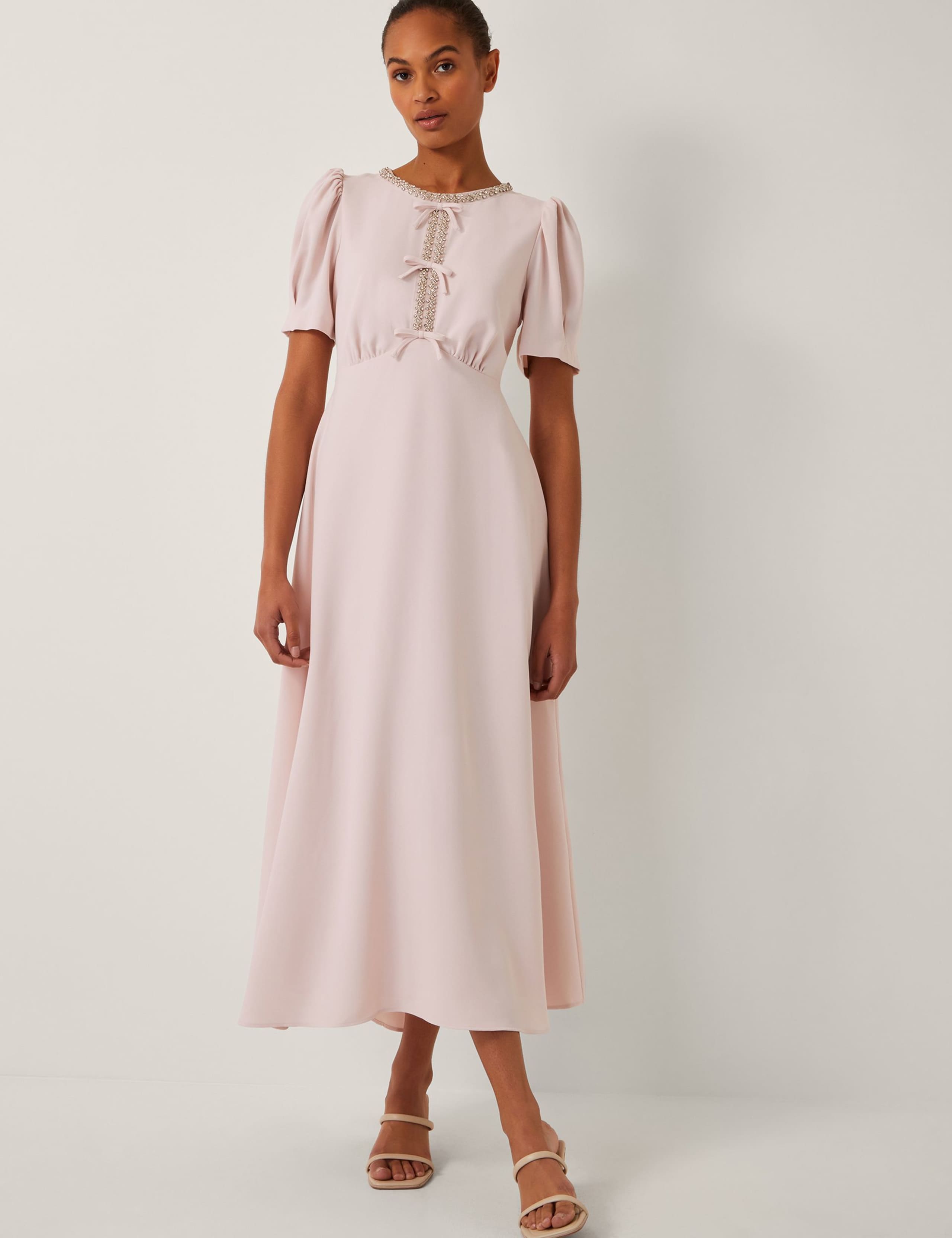 Beaded Bow Detail Puff Sleeve Midi Dress