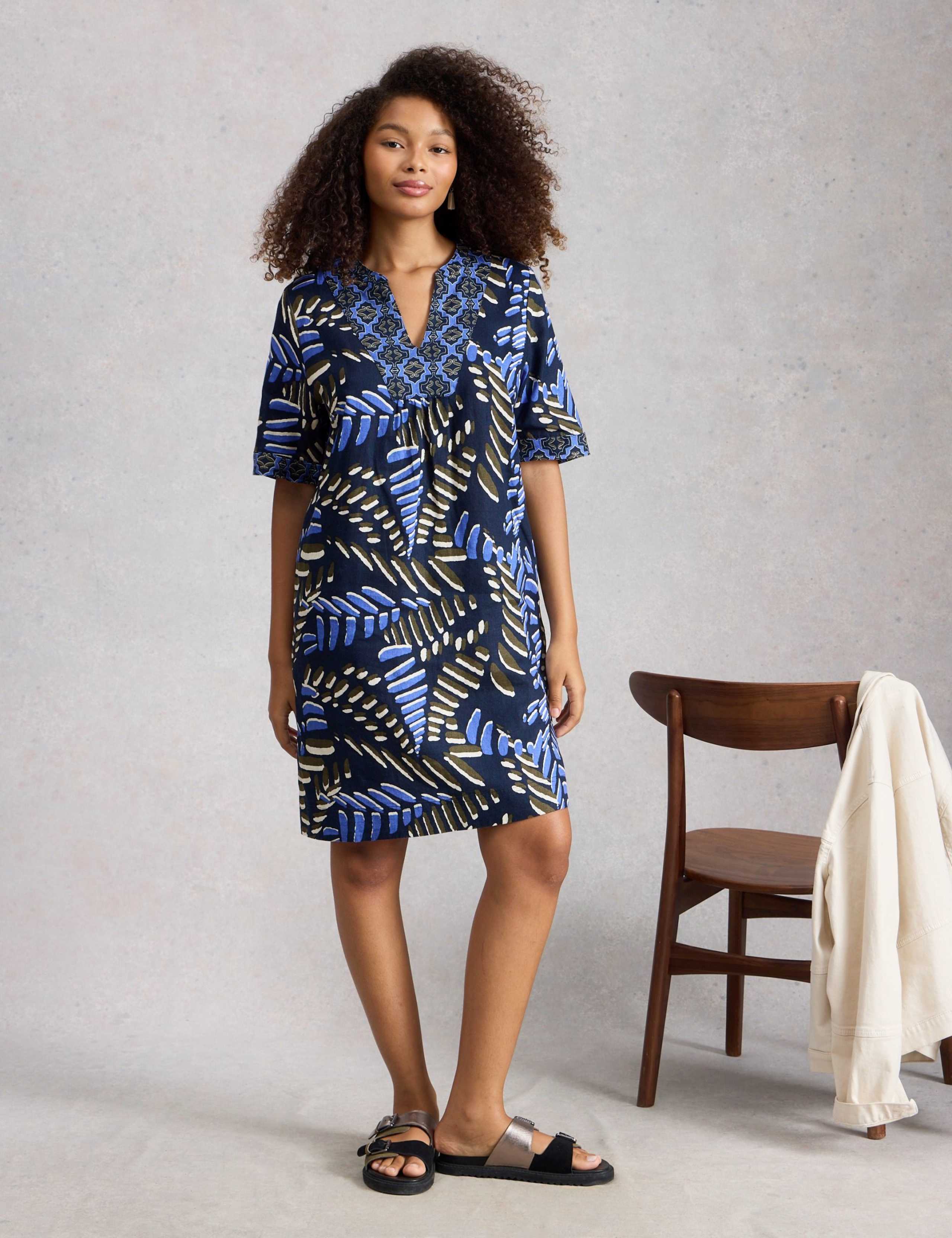 Pure Linen Printed Notch Neck Shift Dress