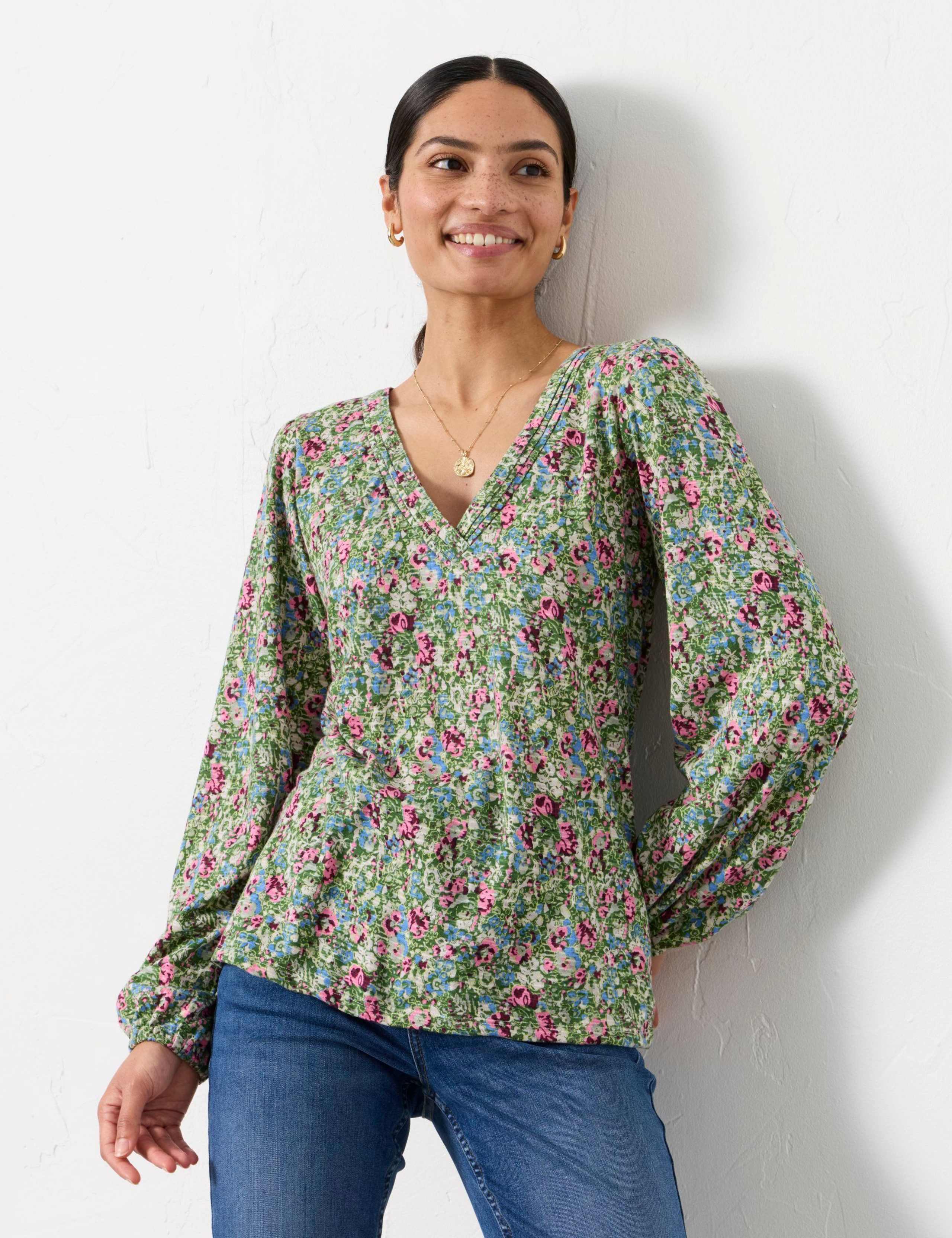 Pure Cotton Disty Floral V-Neck Blouse