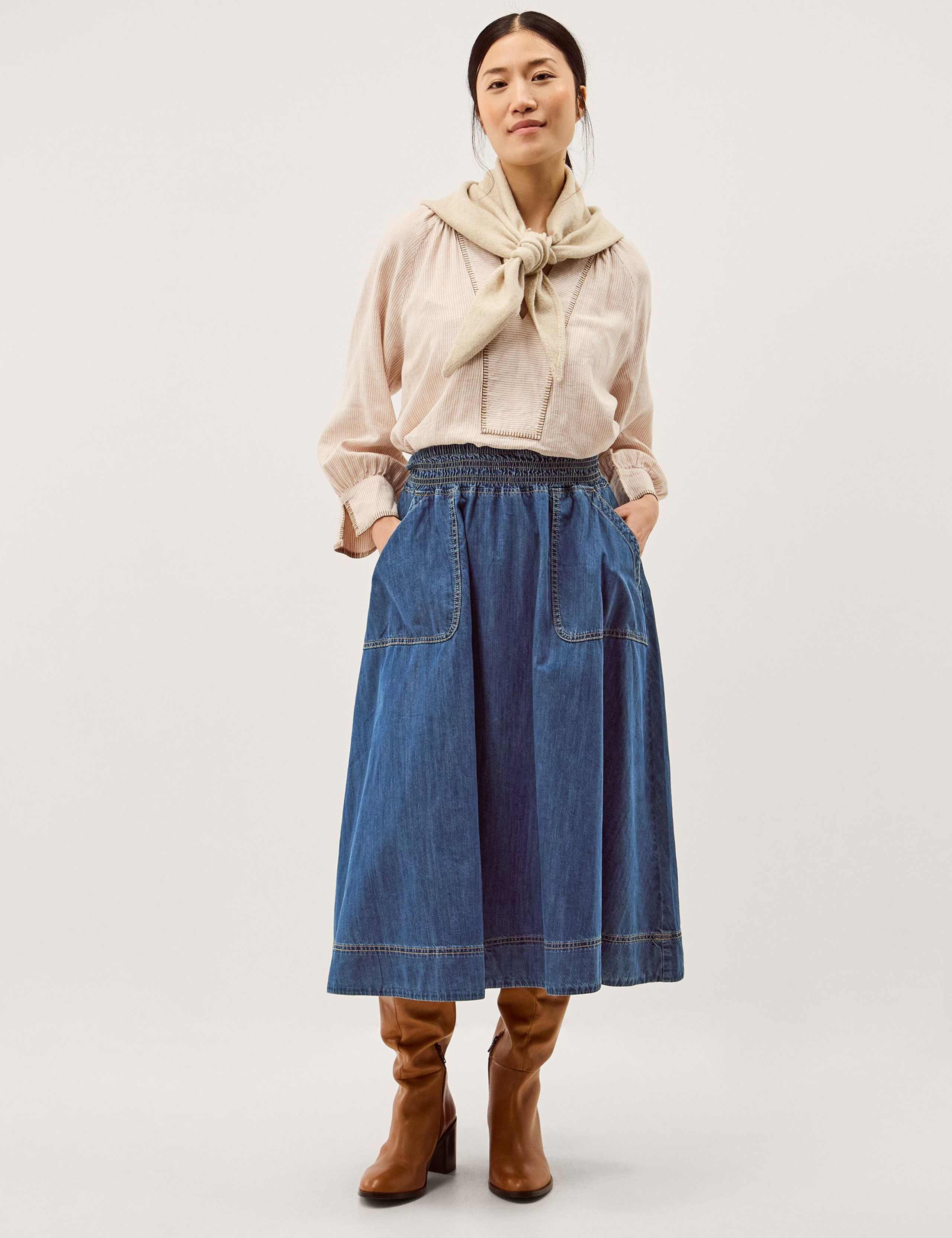 Shirred Denim Midi Skirt