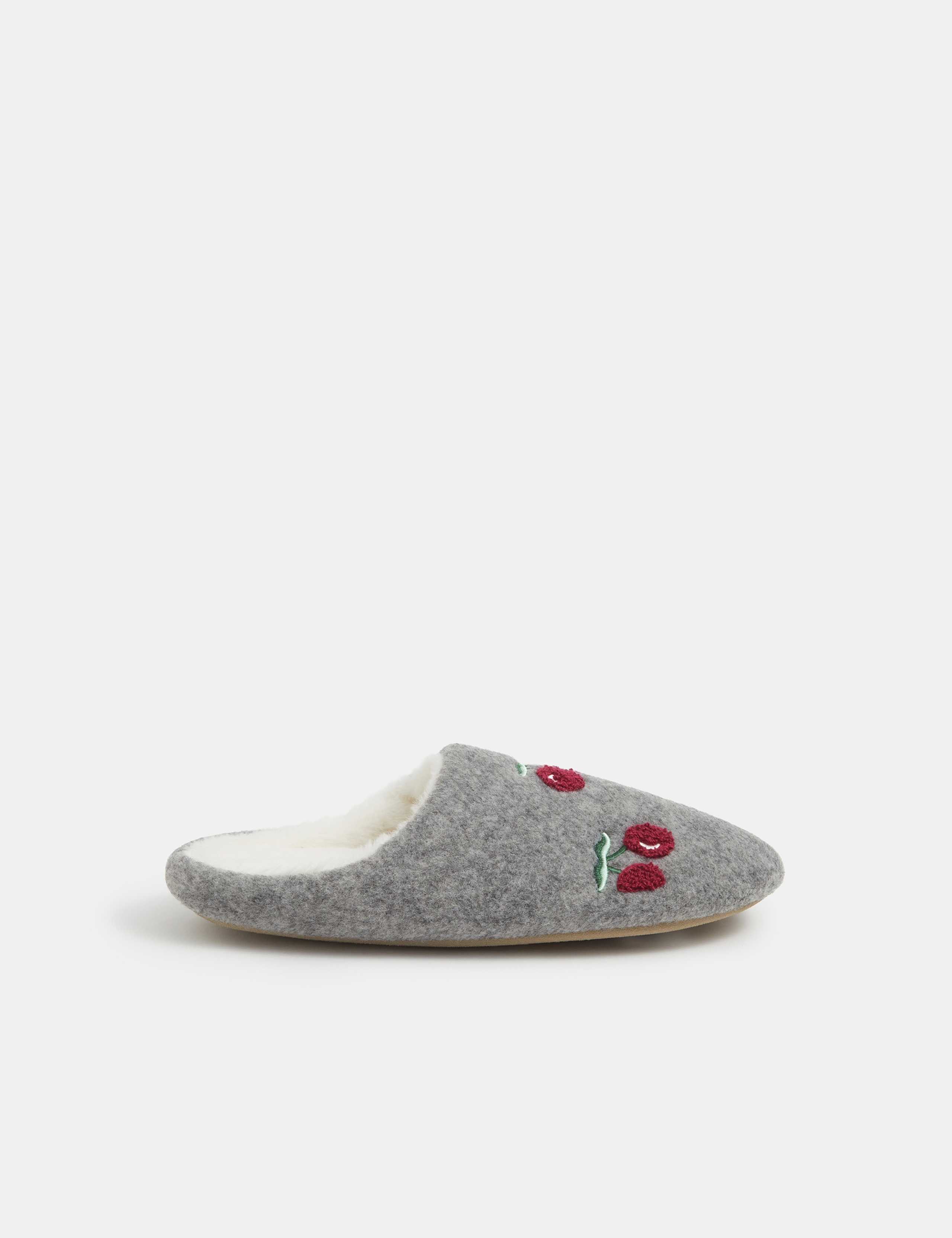 Embroidered Cherry Felt Mule Slippers