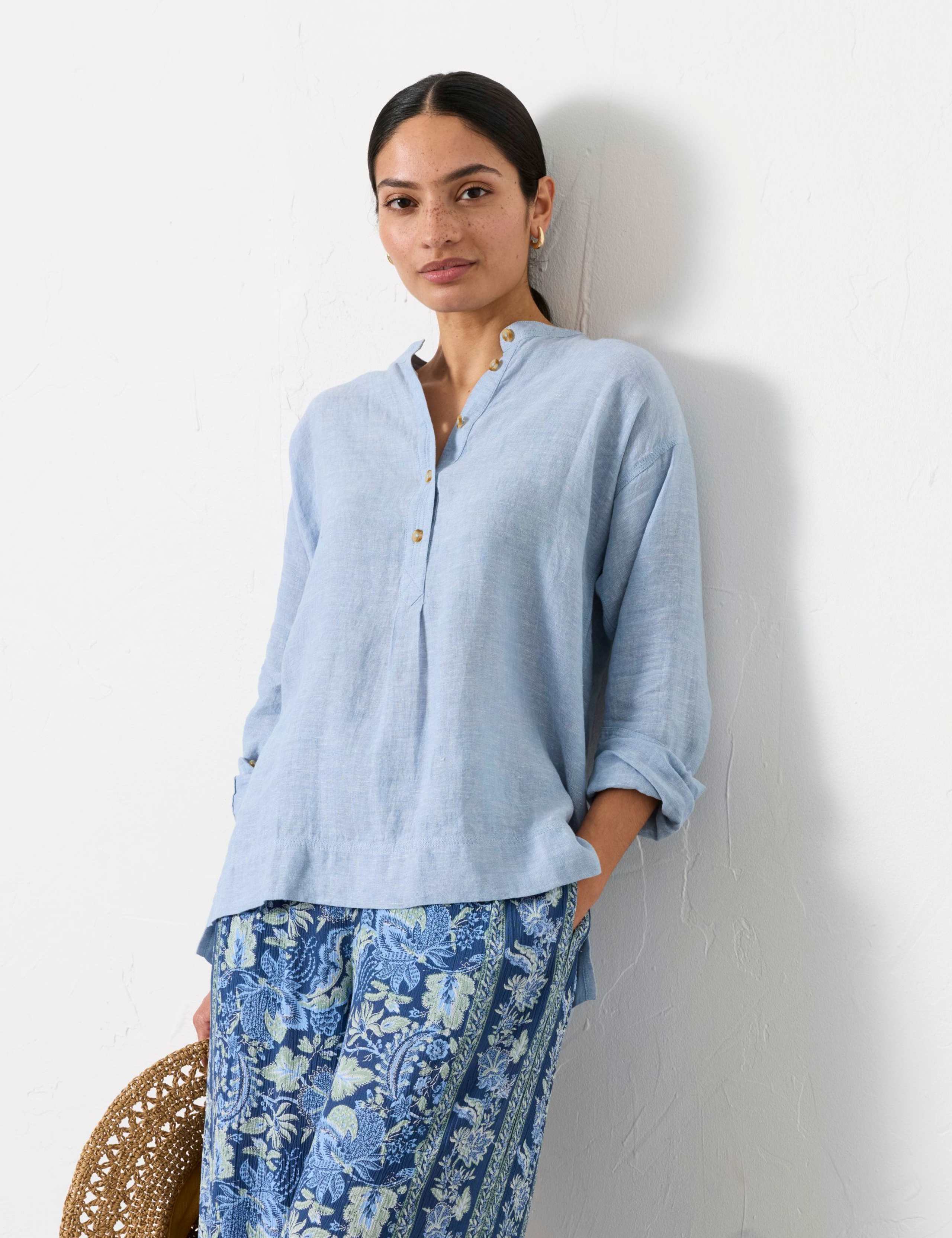 Pure Linen Crew Neck Popover Blouse