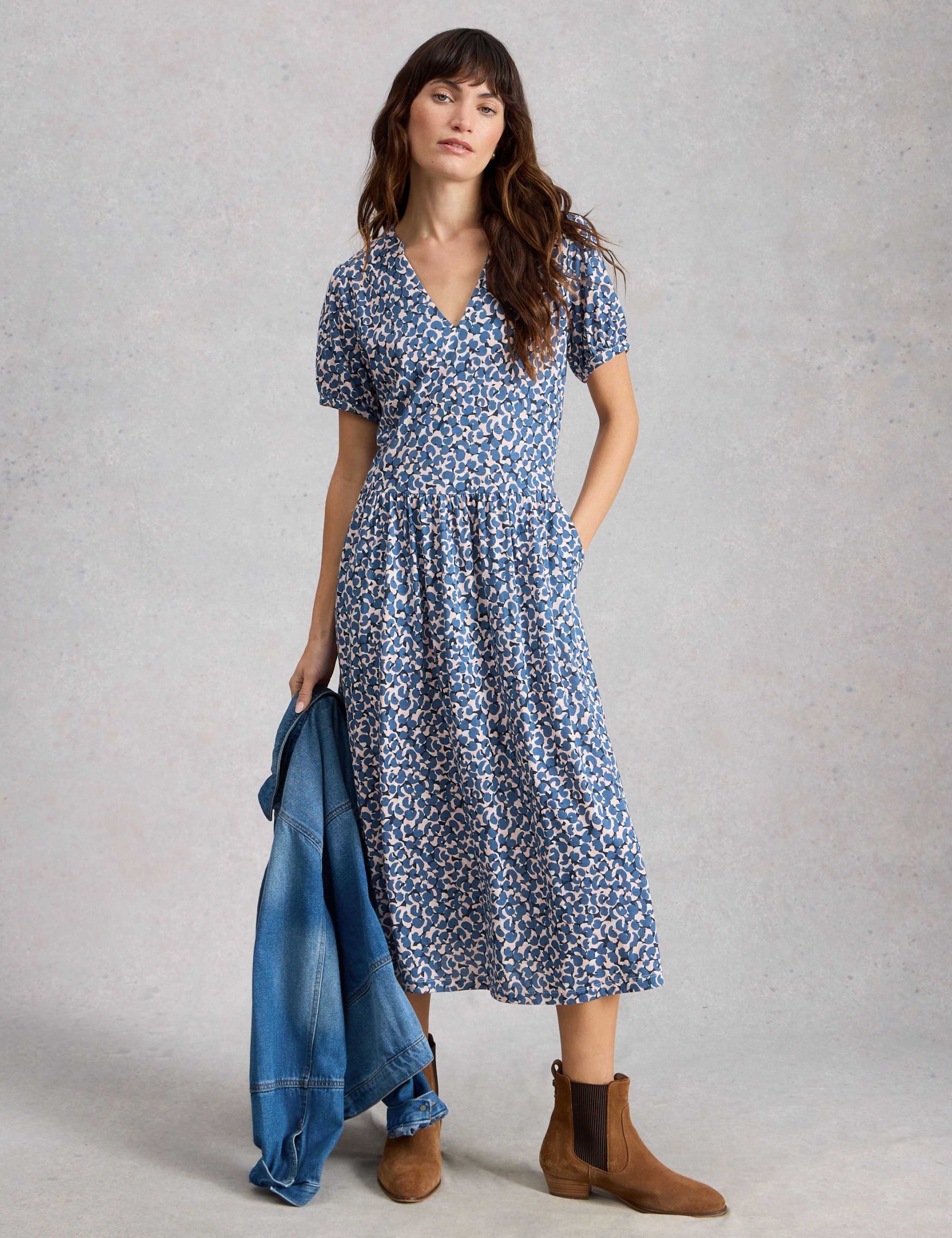 Cotton Blend Floral V-Neck Midi Tea Dress