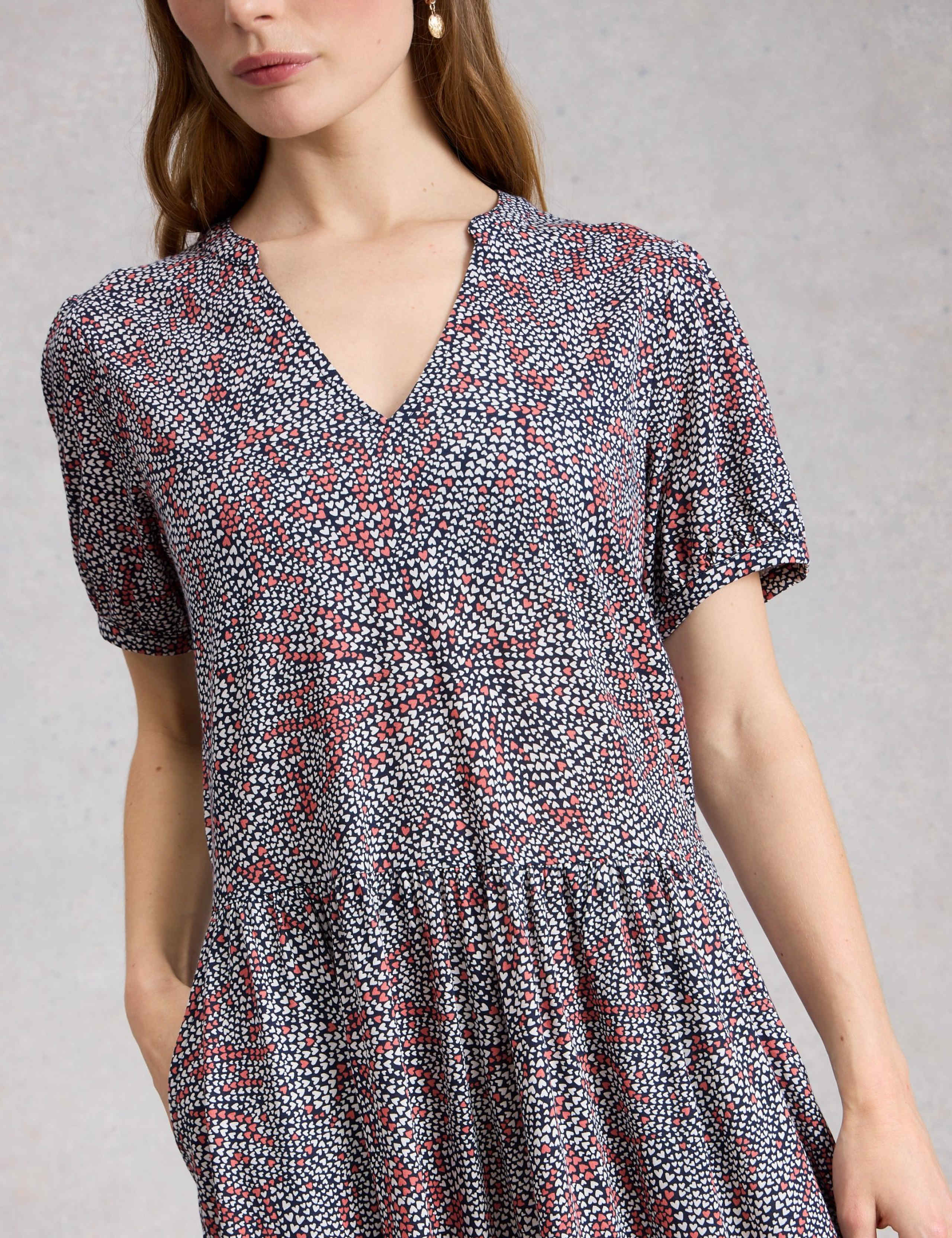 Cotton Blend Floral V-Neck Midi Tea Dress