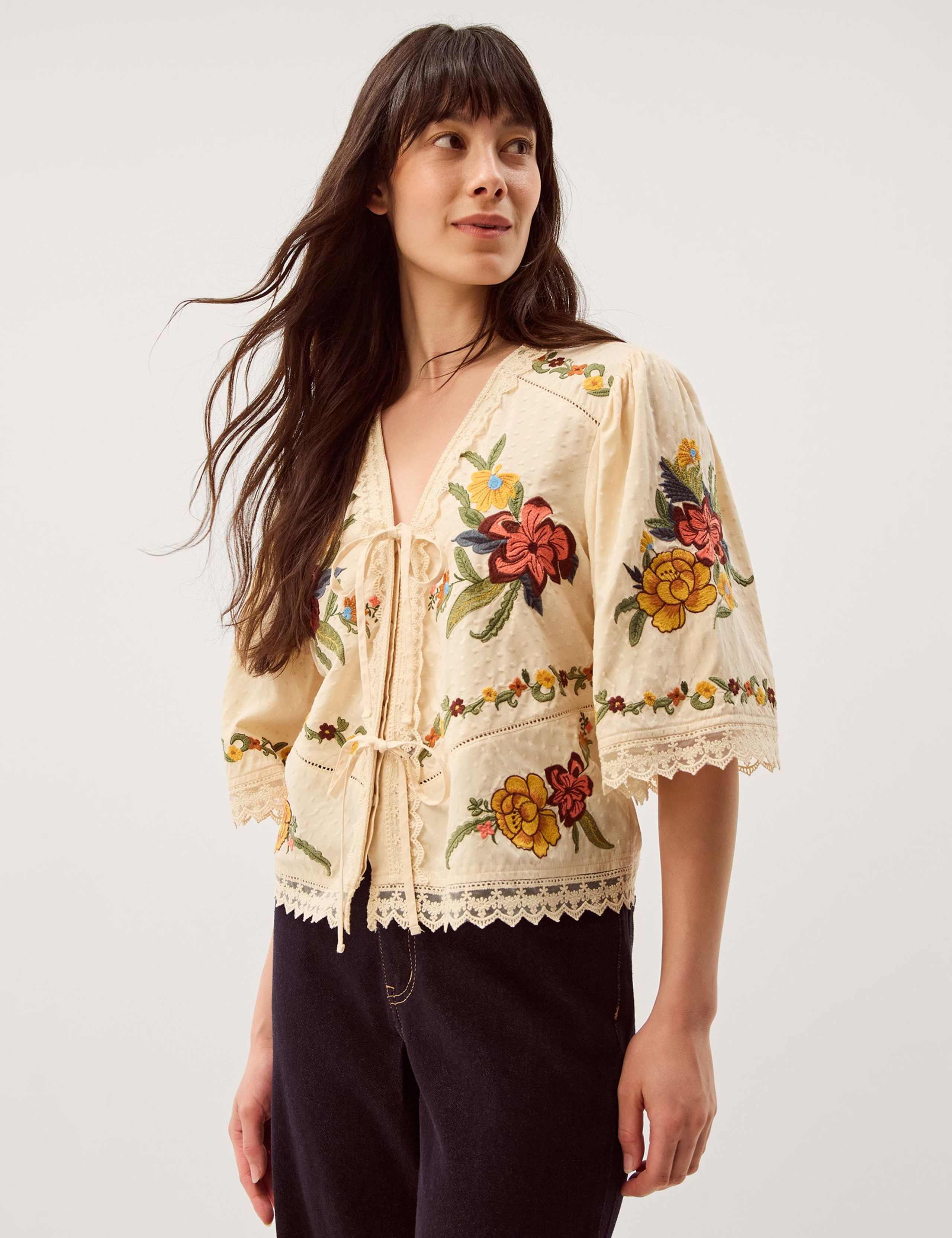 Embroidered V-Neck Tie Front Blouse