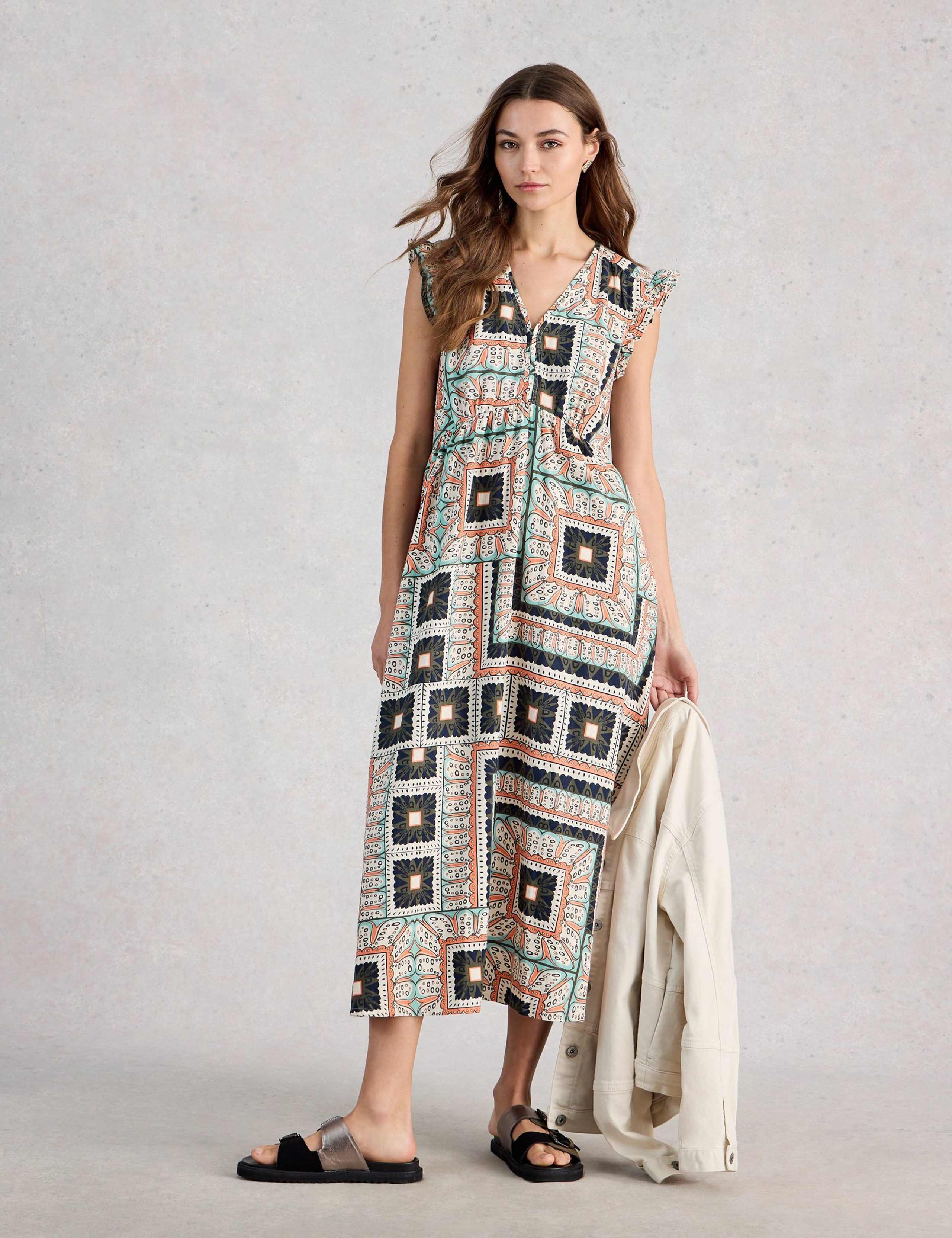 Linen Blend Printed Midi Skater Dress