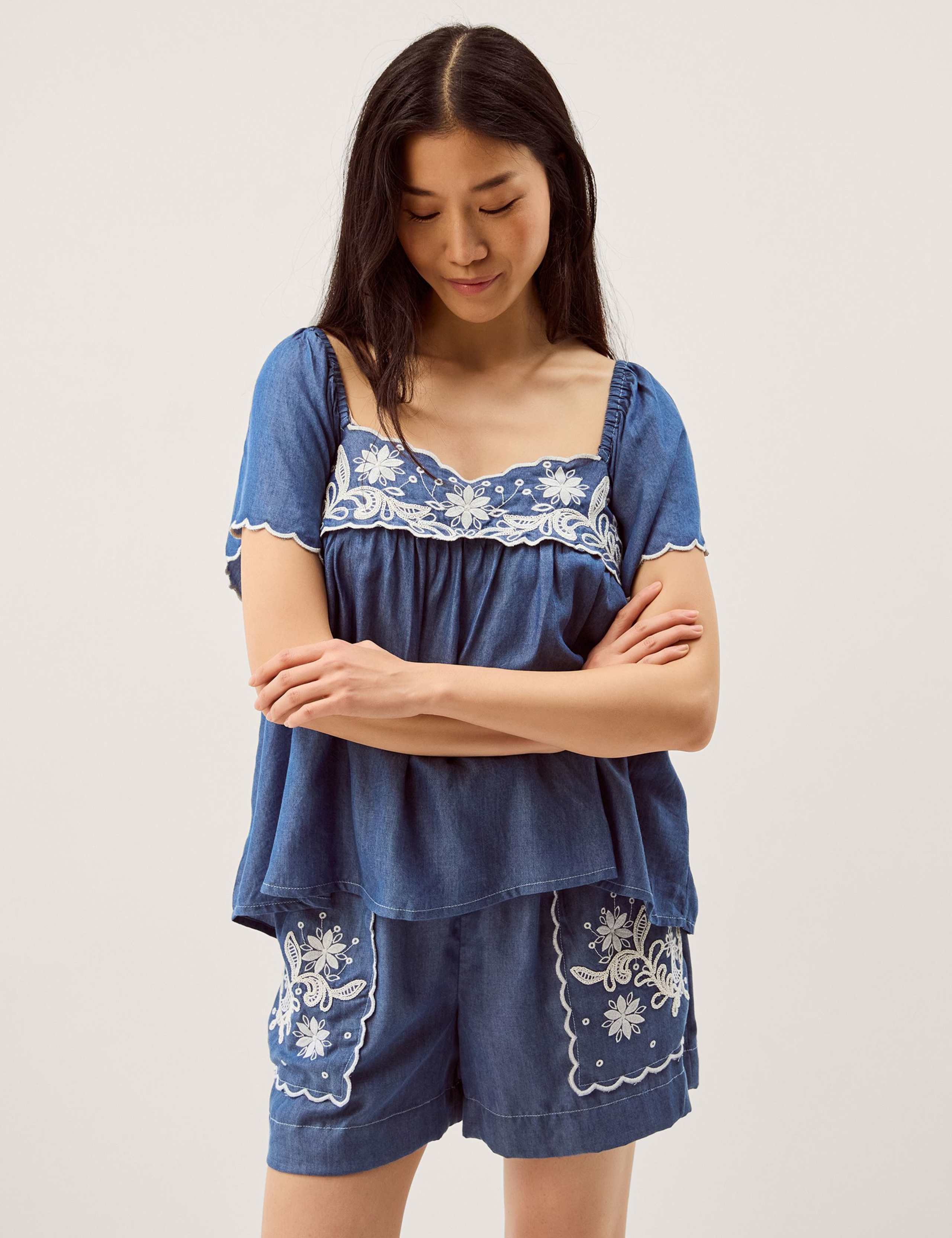 Pure Lyocell Embroidered Square Neck Top