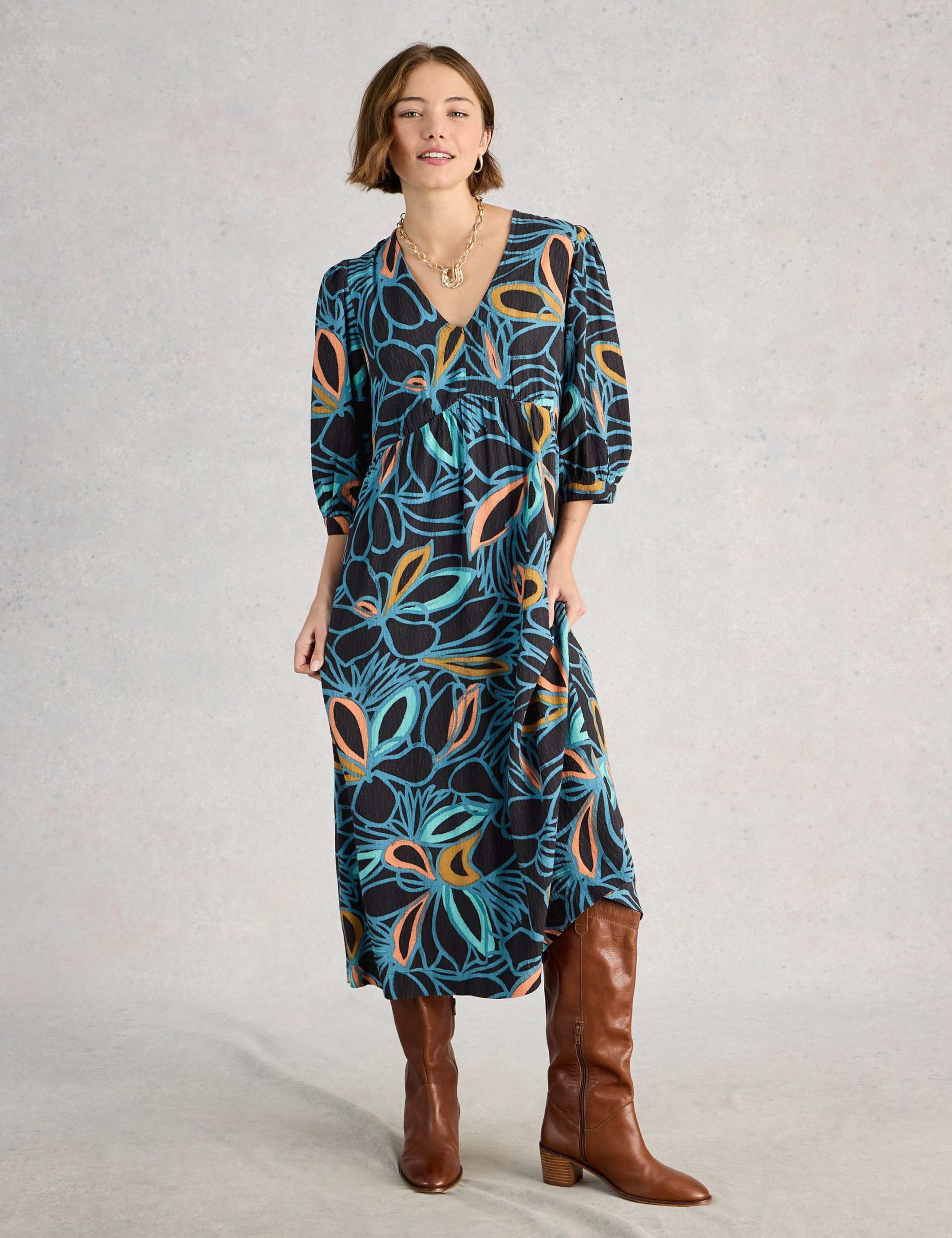 Floral V-Neck Midi Relaxed Skater Dress