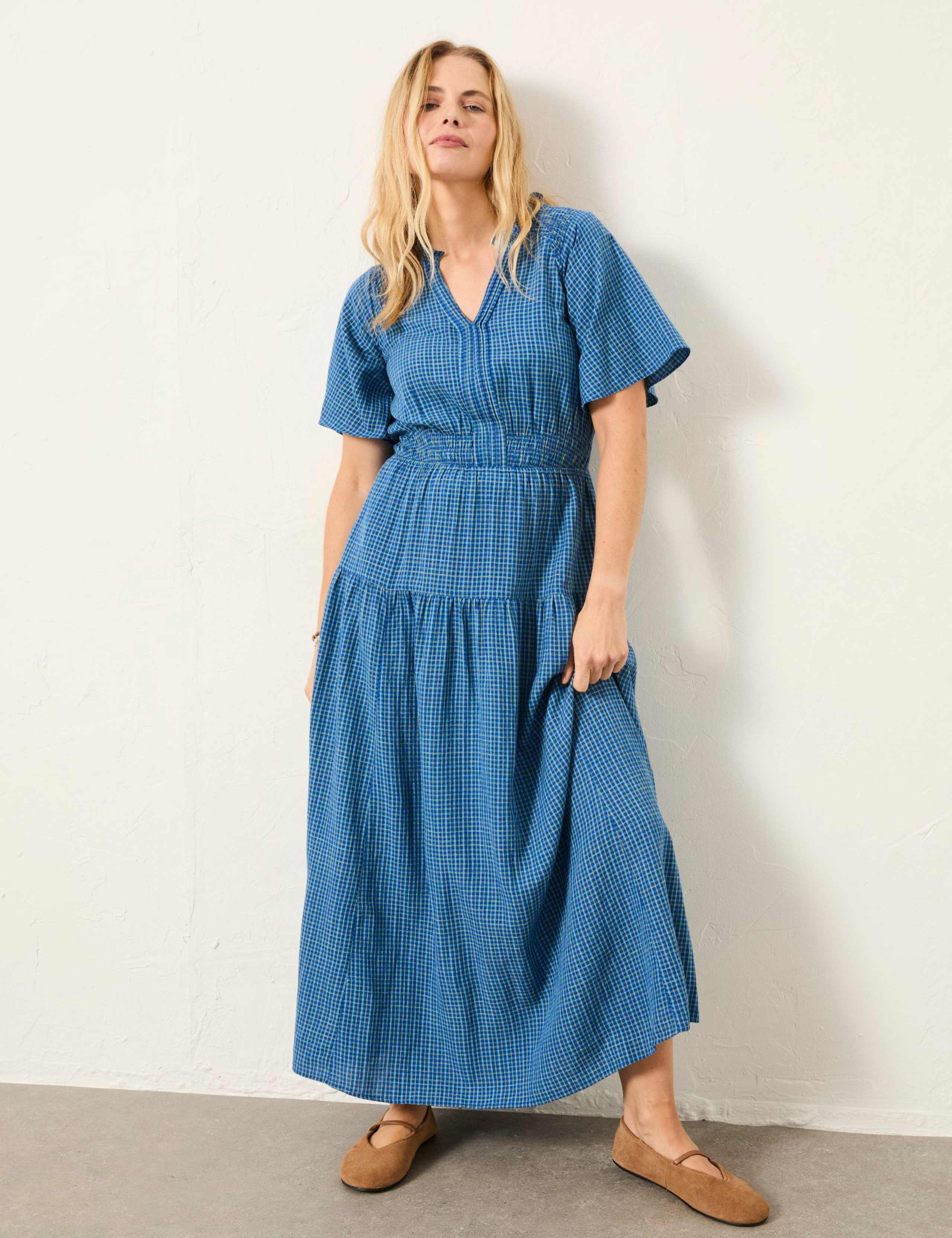 Cotton Blend Checked V-Neck Midi Tiered Dress