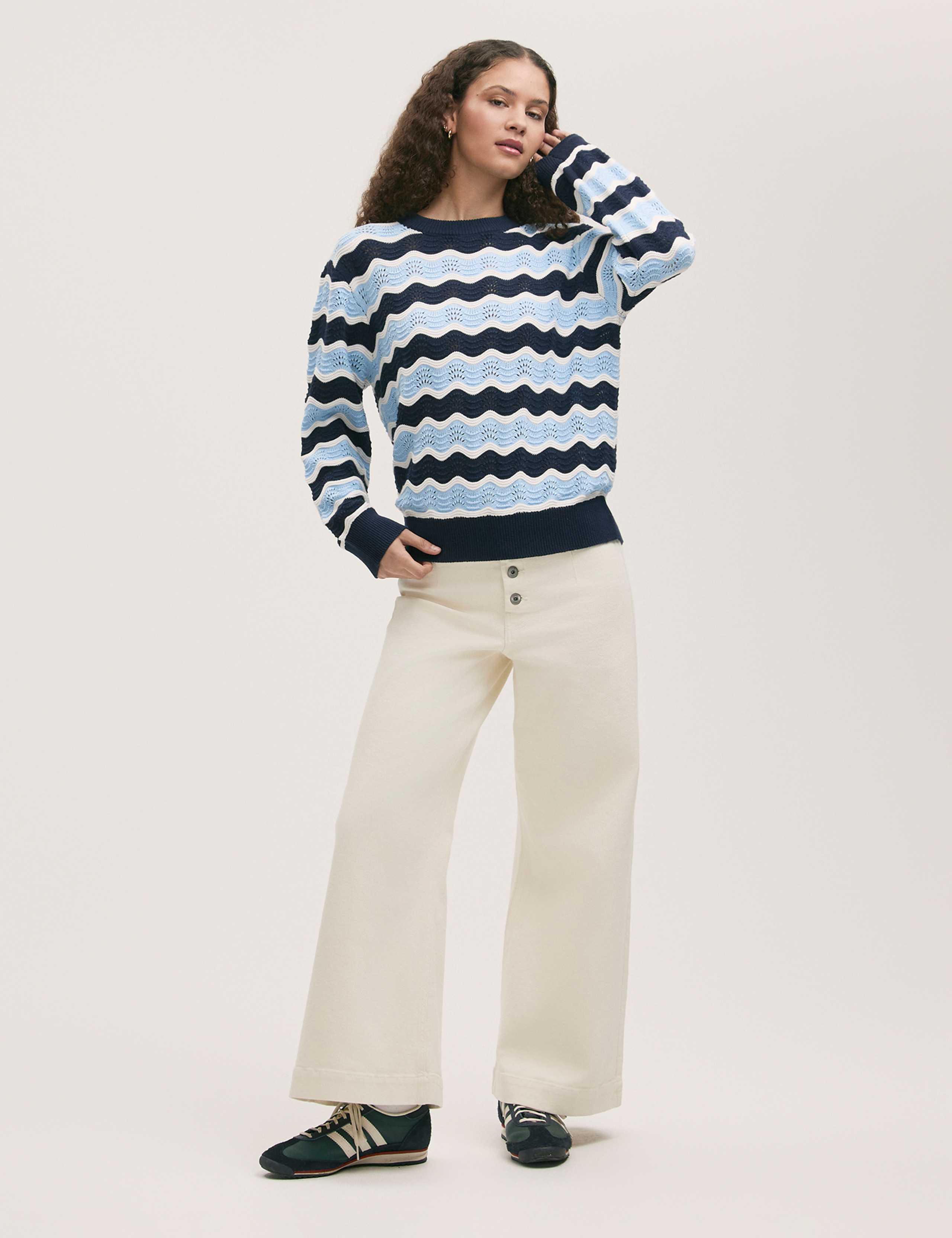 Pure Cotton Striped Crew Neck Jumper