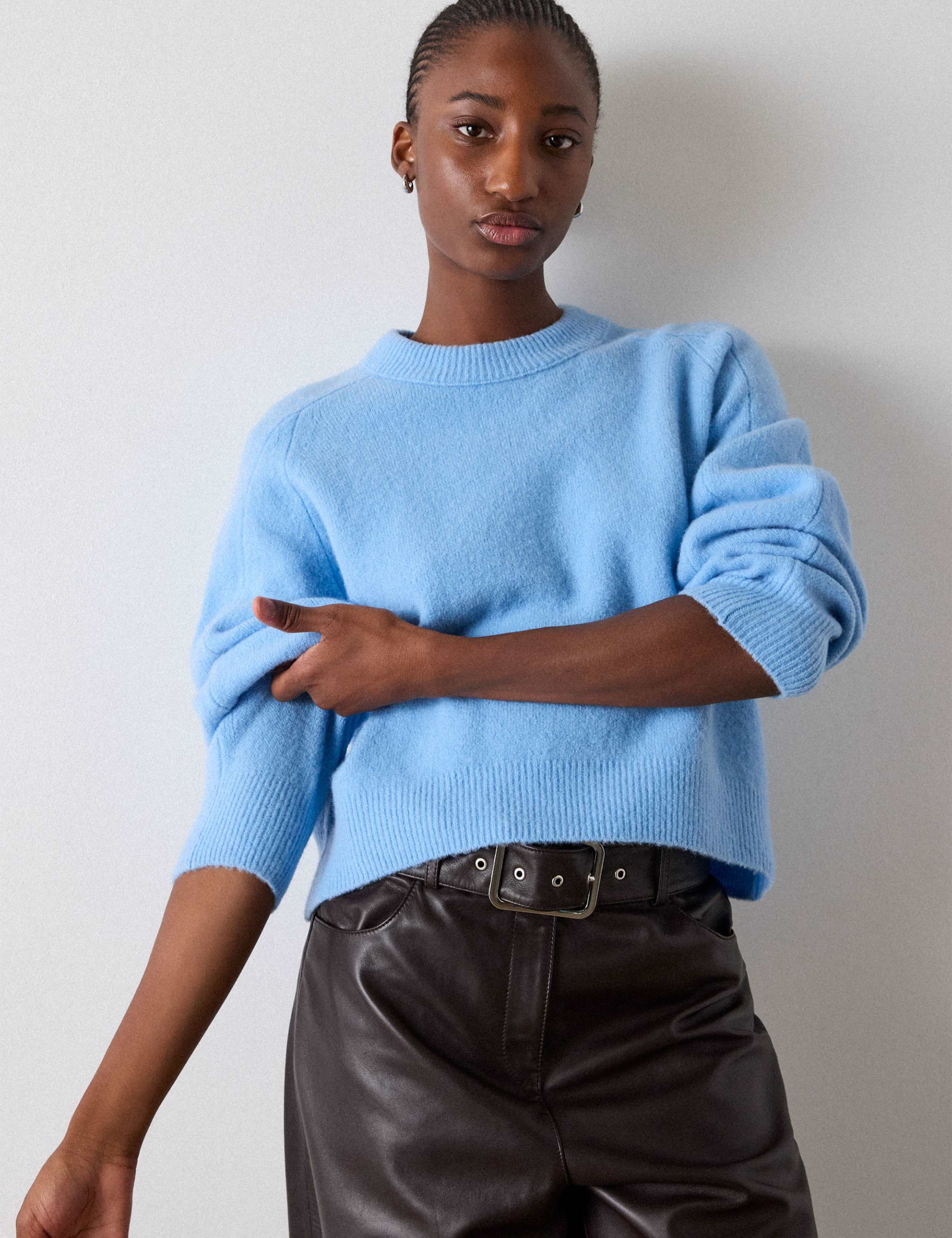 Wool Blend Crew Neck Curved Hem Jumper