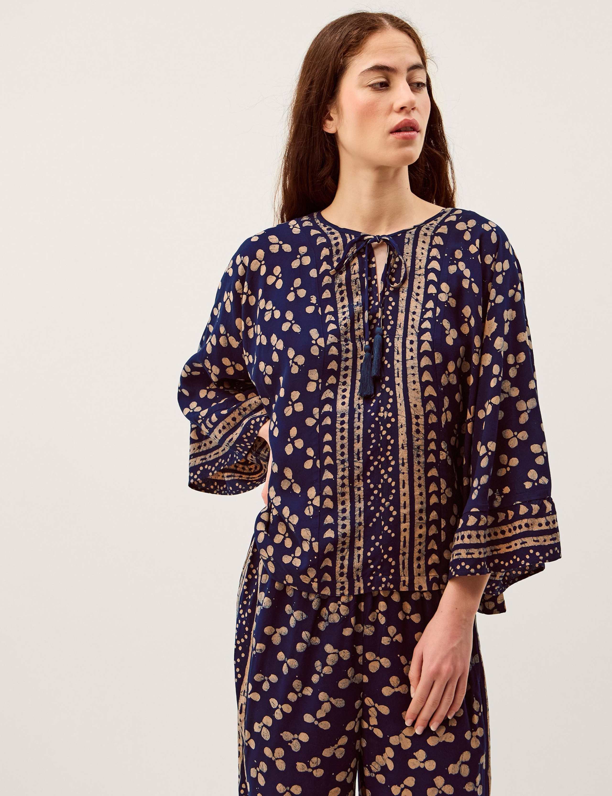 Clover Print Tie Neck Tassel Top