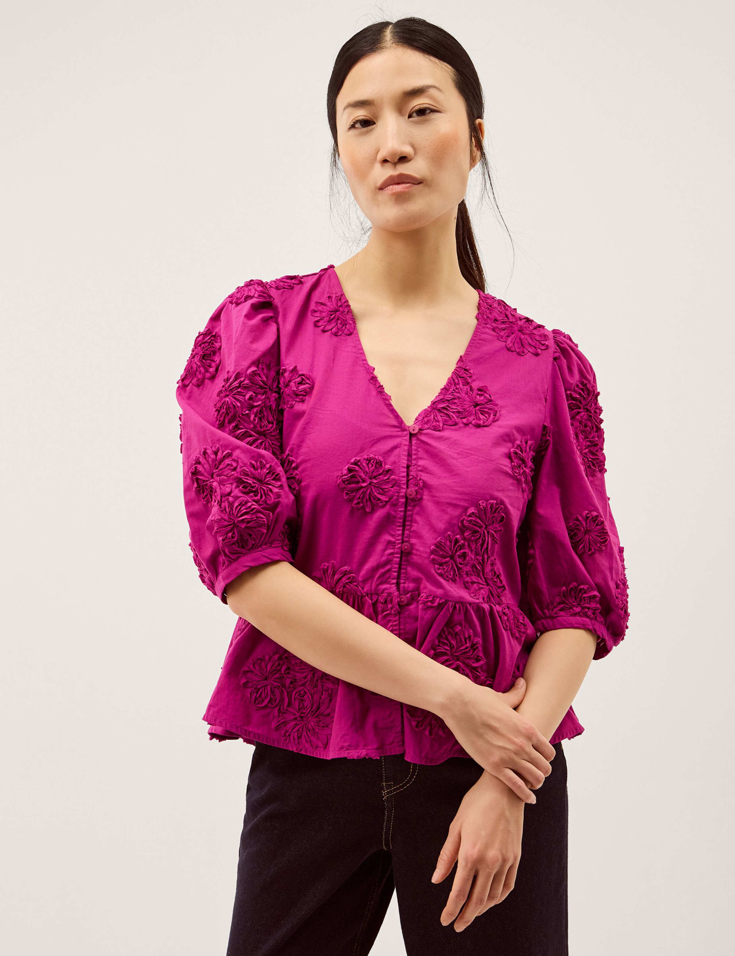 Pure Cotton Embroidered Puff Sleeve Peplum Top