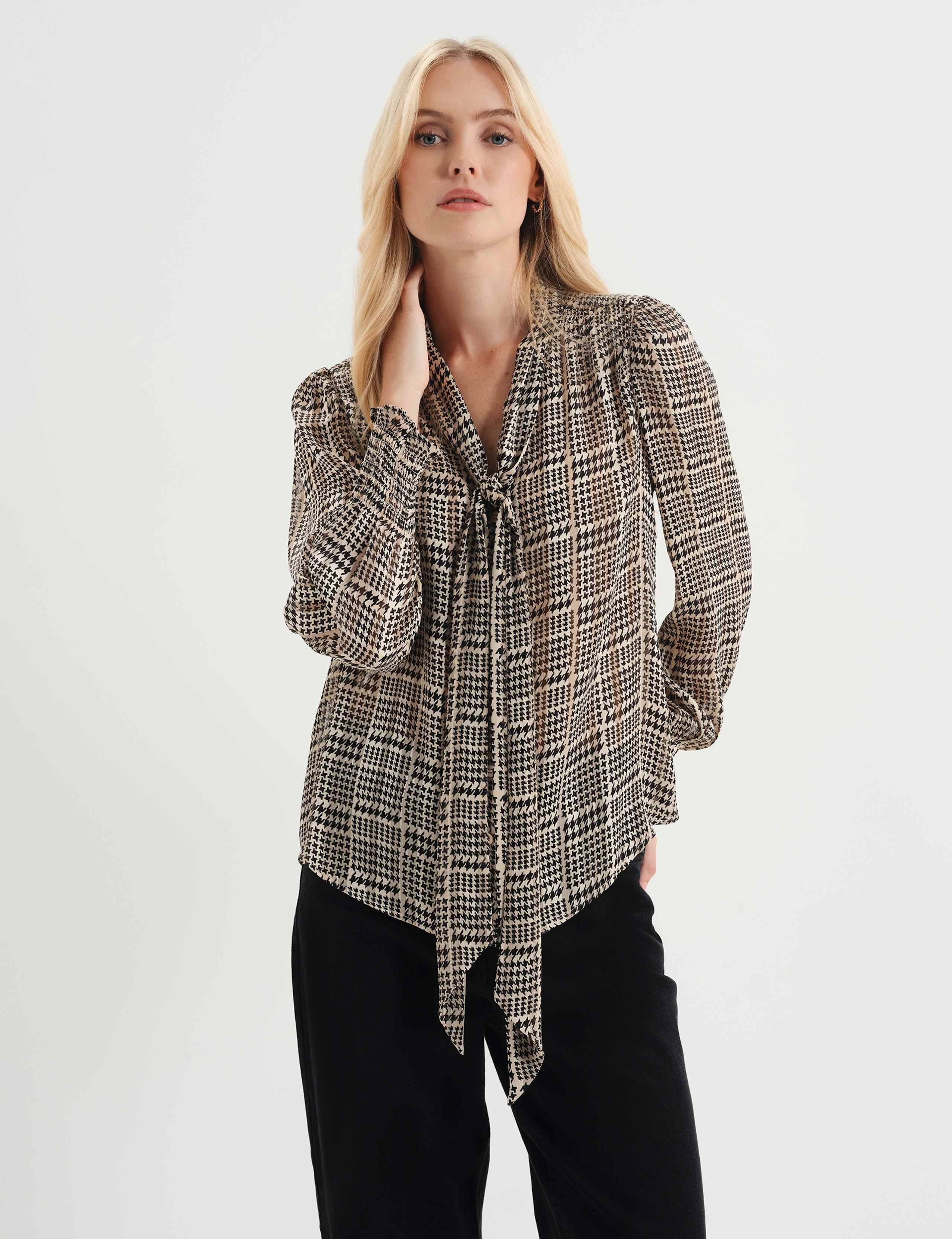 Satin Printed Tie Neck Blouse