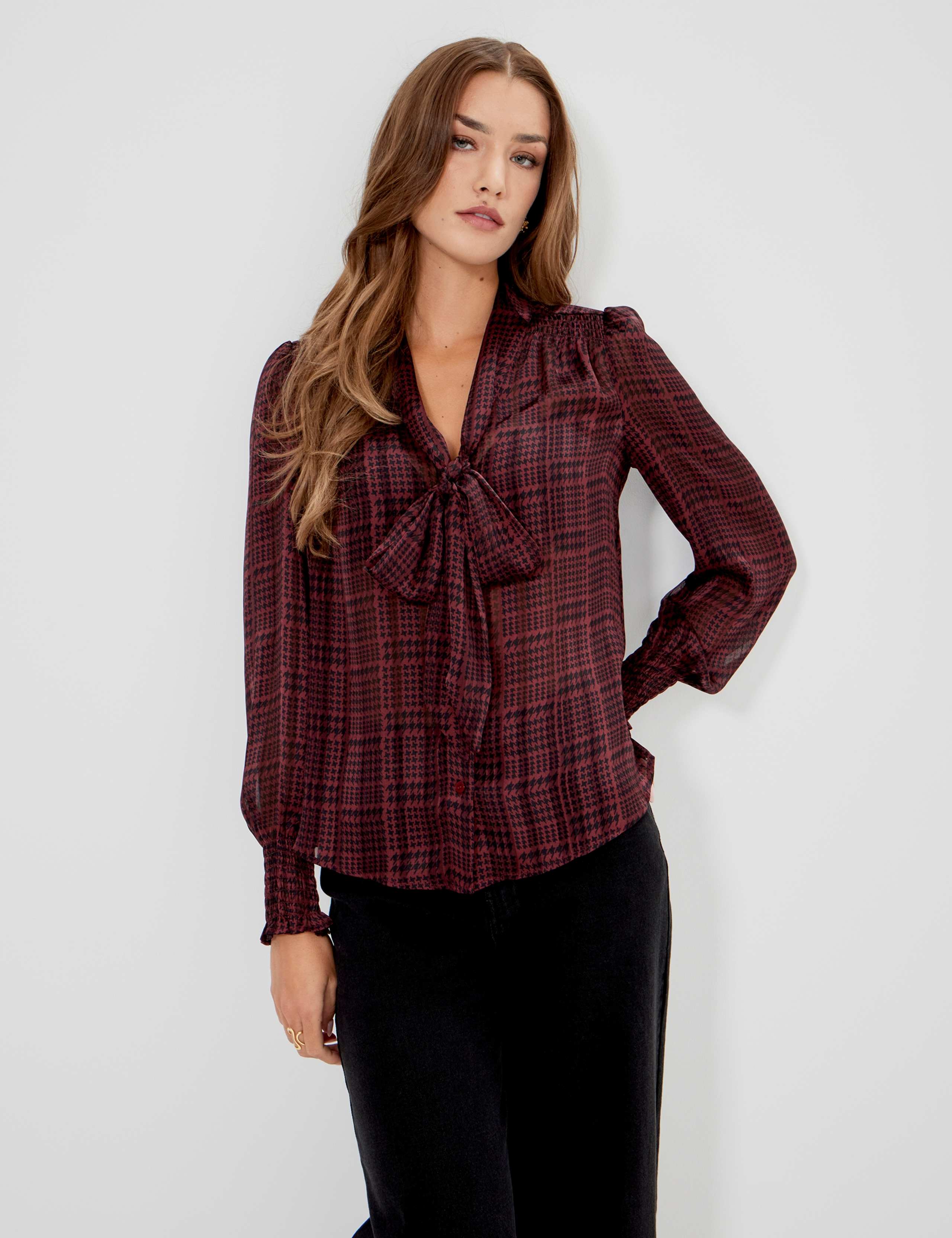 Satin Printed Tie Neck Blouse