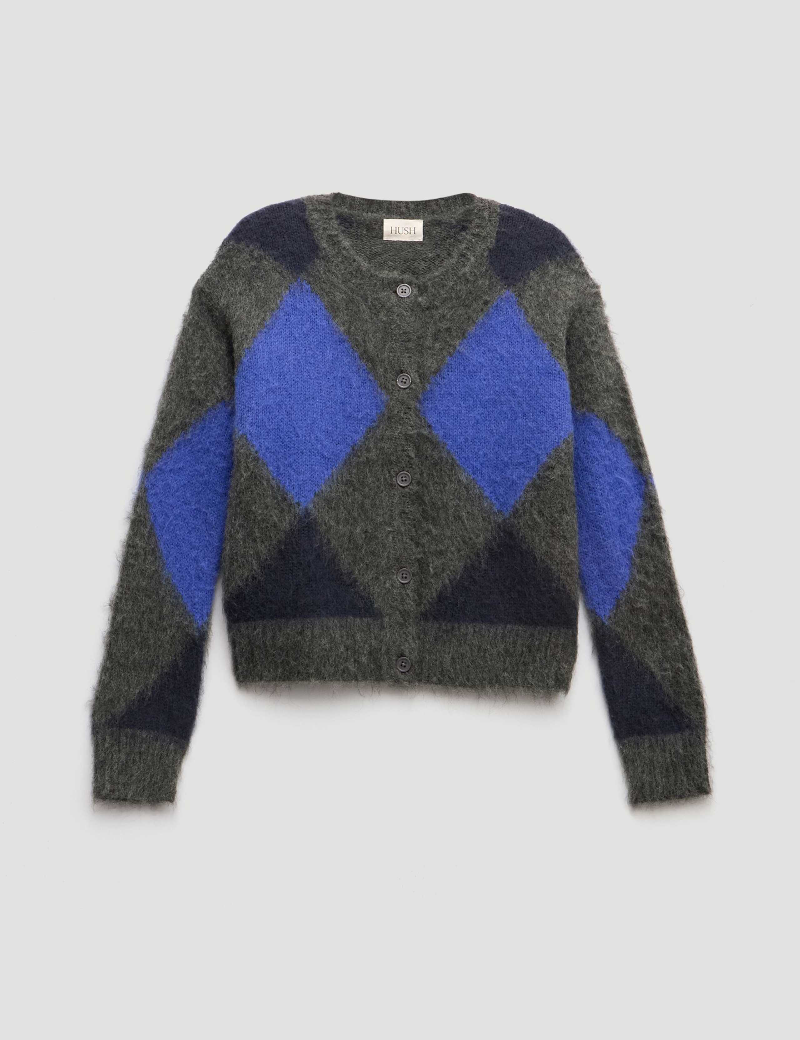 Argyle Crew Neck Cardigan with Wool