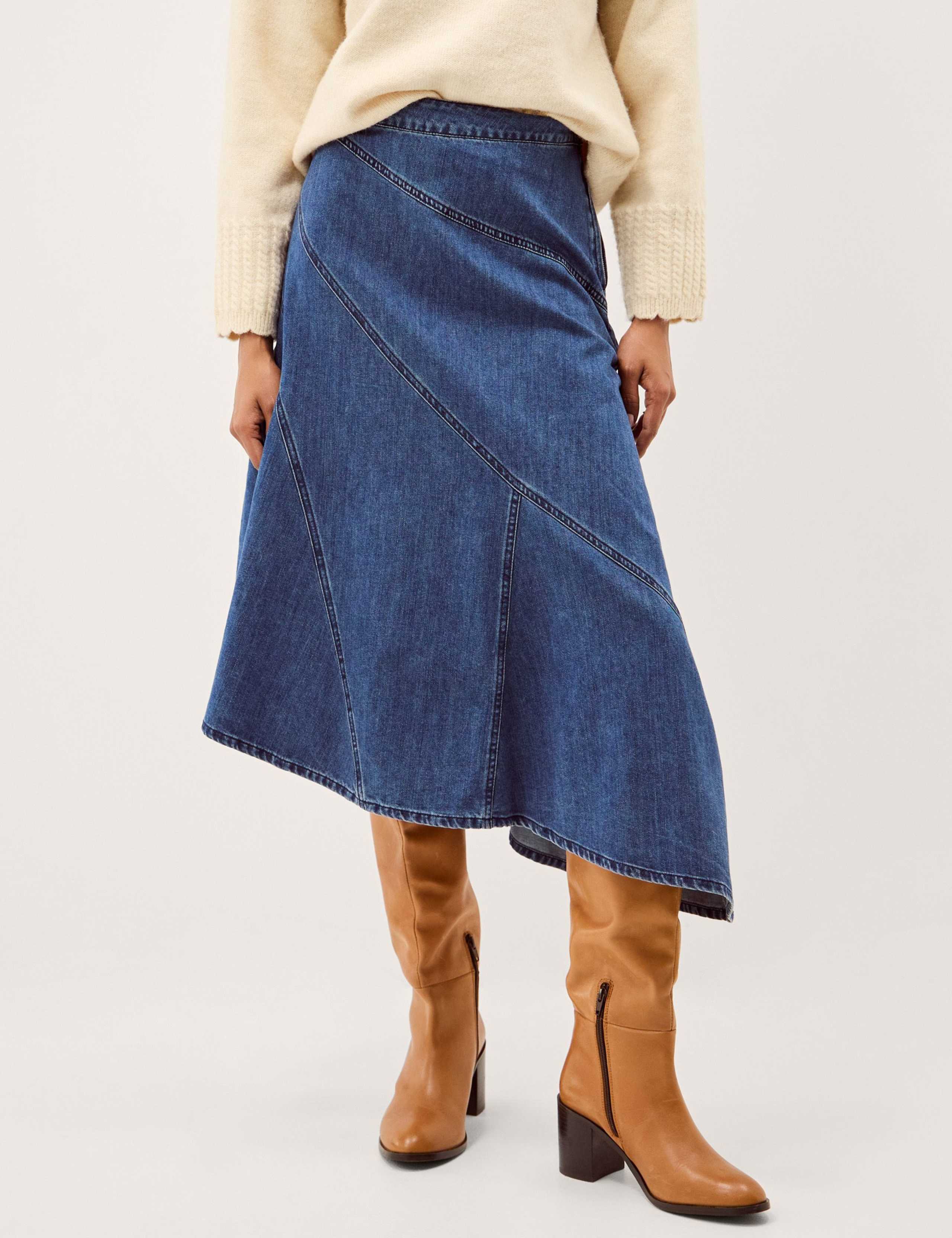 Asymmetric Denim Midi Skirt
