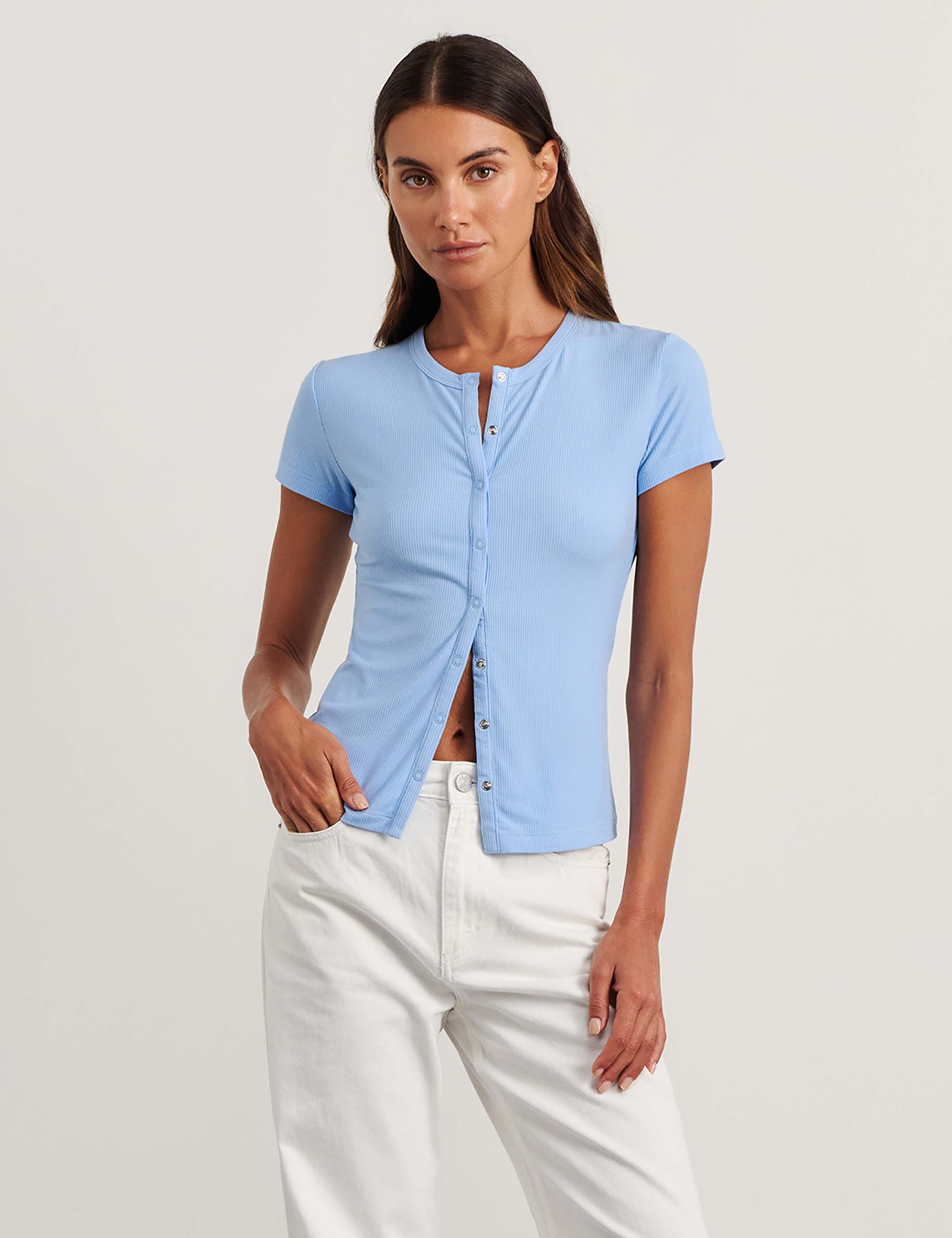 Jersey Round Neck Button Through Top