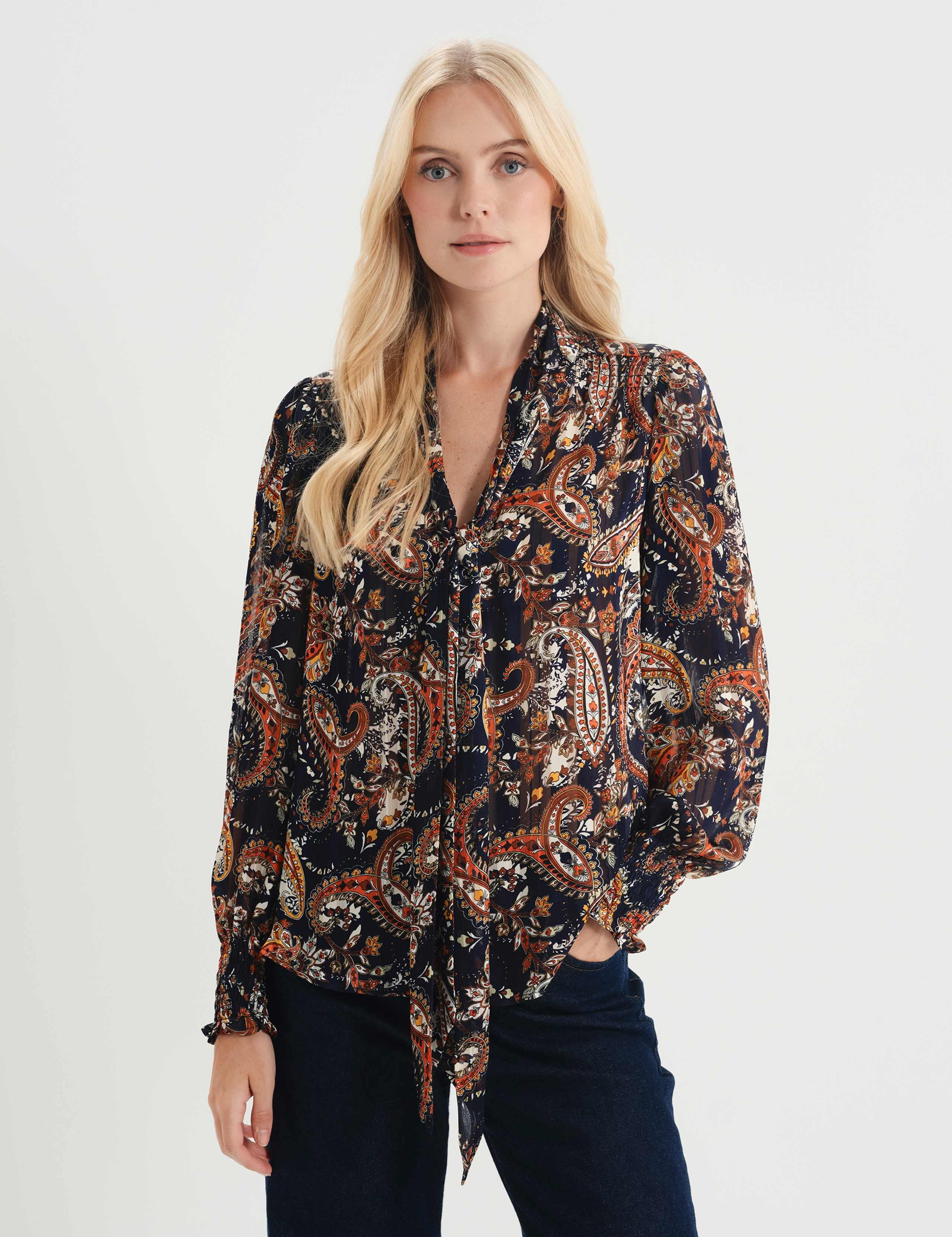 Satin Paisley Tie Neck Blouse
