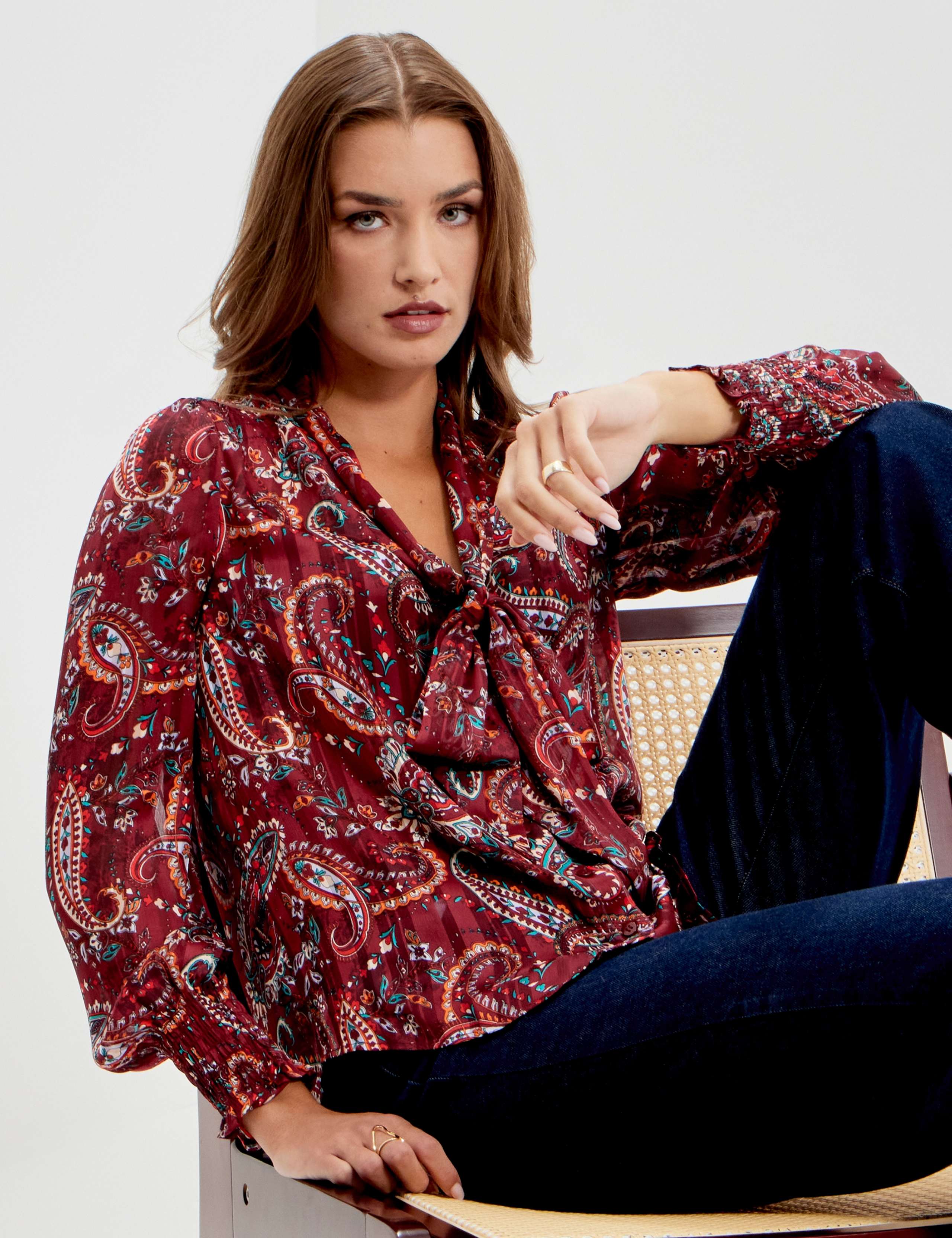 Satin Paisley Tie Neck Blouse