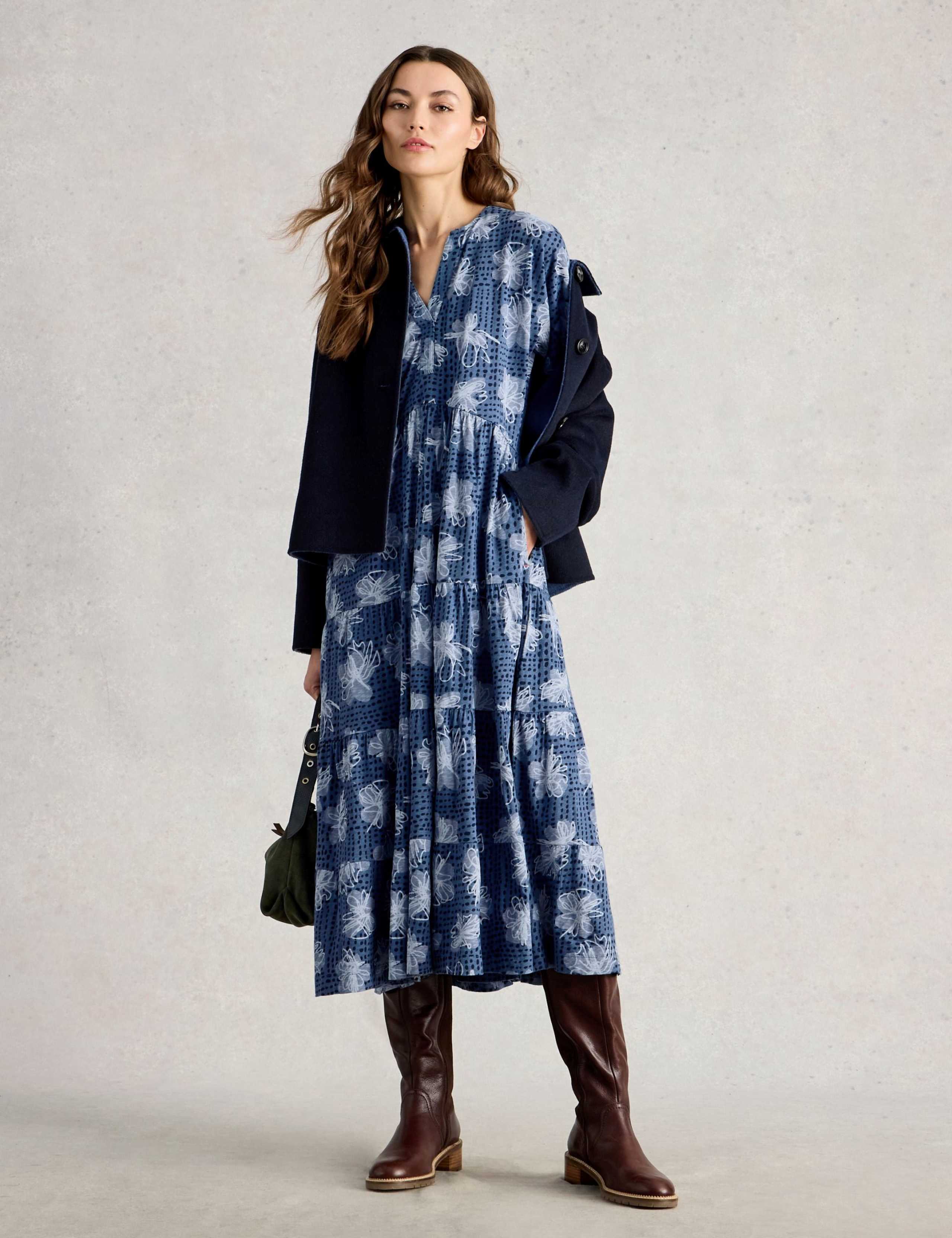 Pure Cotton Floral Notch Neck Midi Tiered Dress