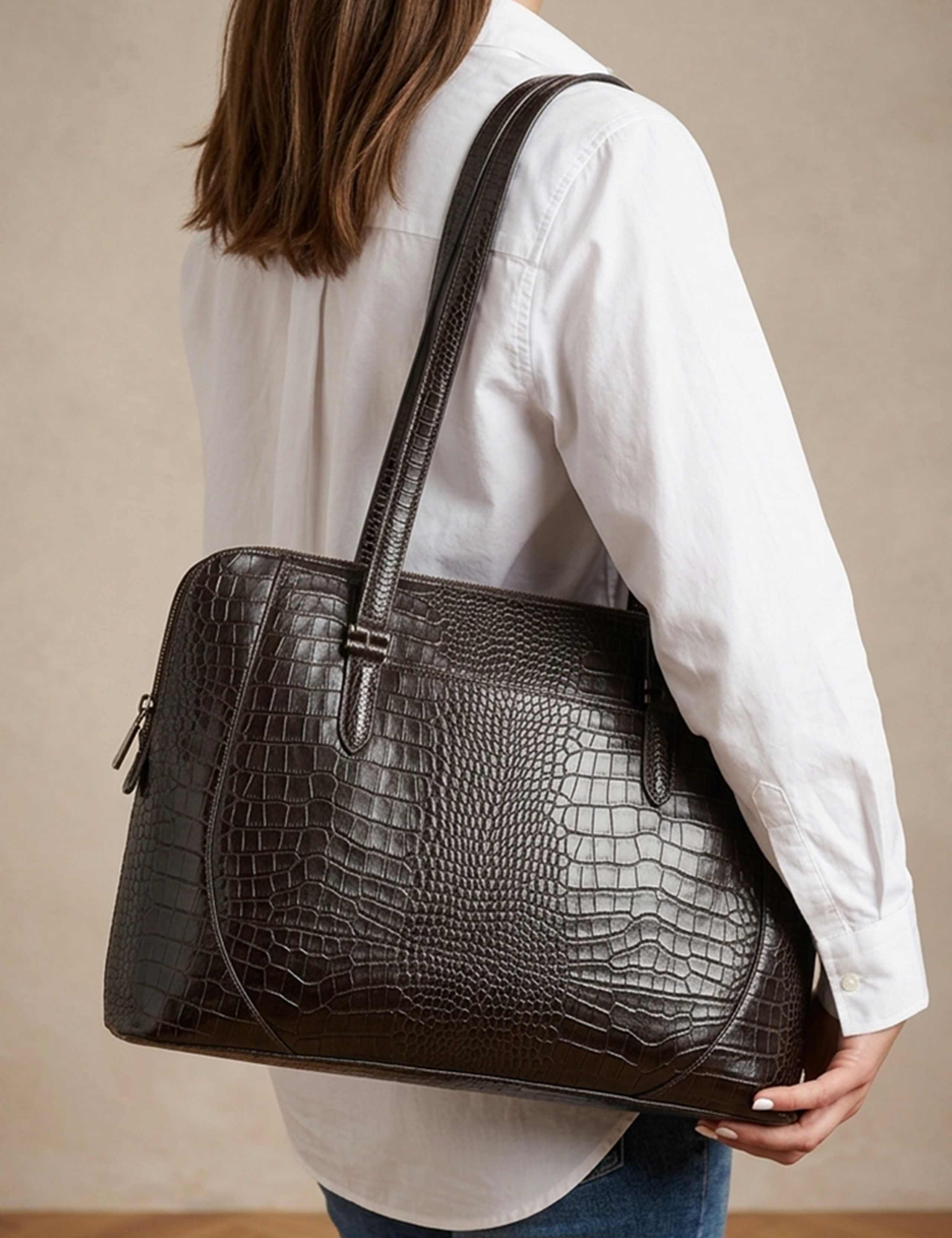 Croc Effect Leather Shoulder Bag