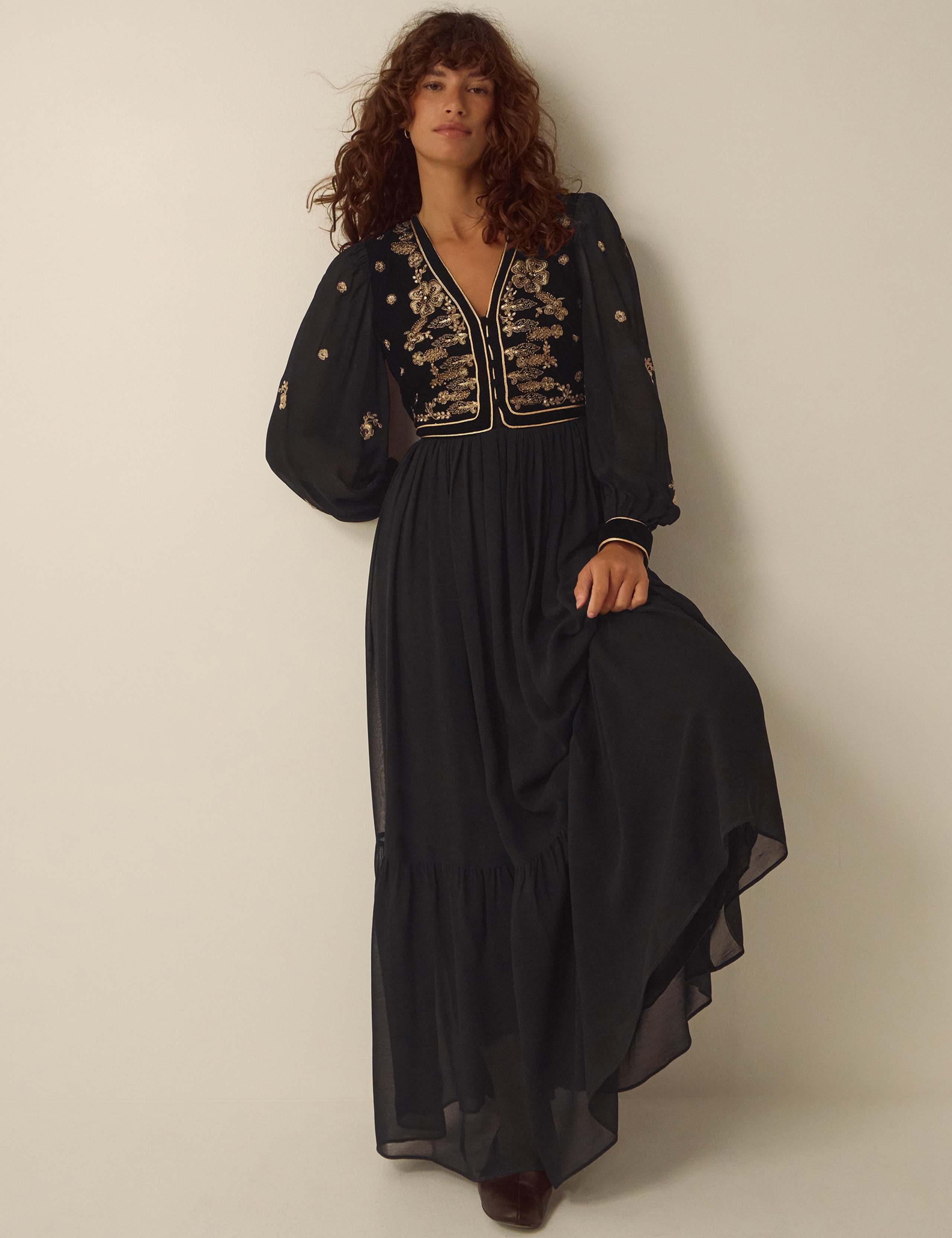 Velvet Embroidered V-Neck Maxi Tea Dress