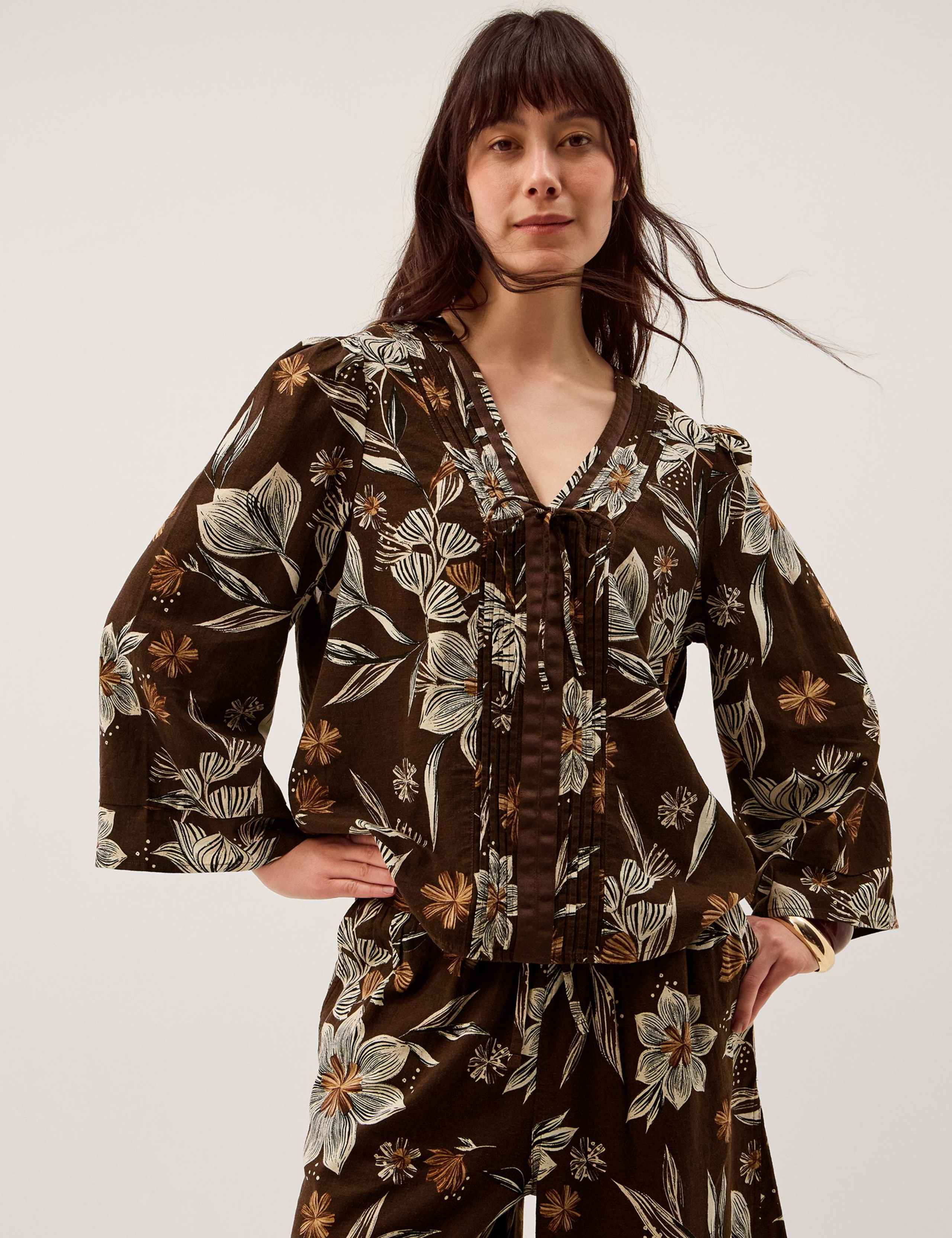 Linen Rich Floral V-Neck Tie Detail Blouse