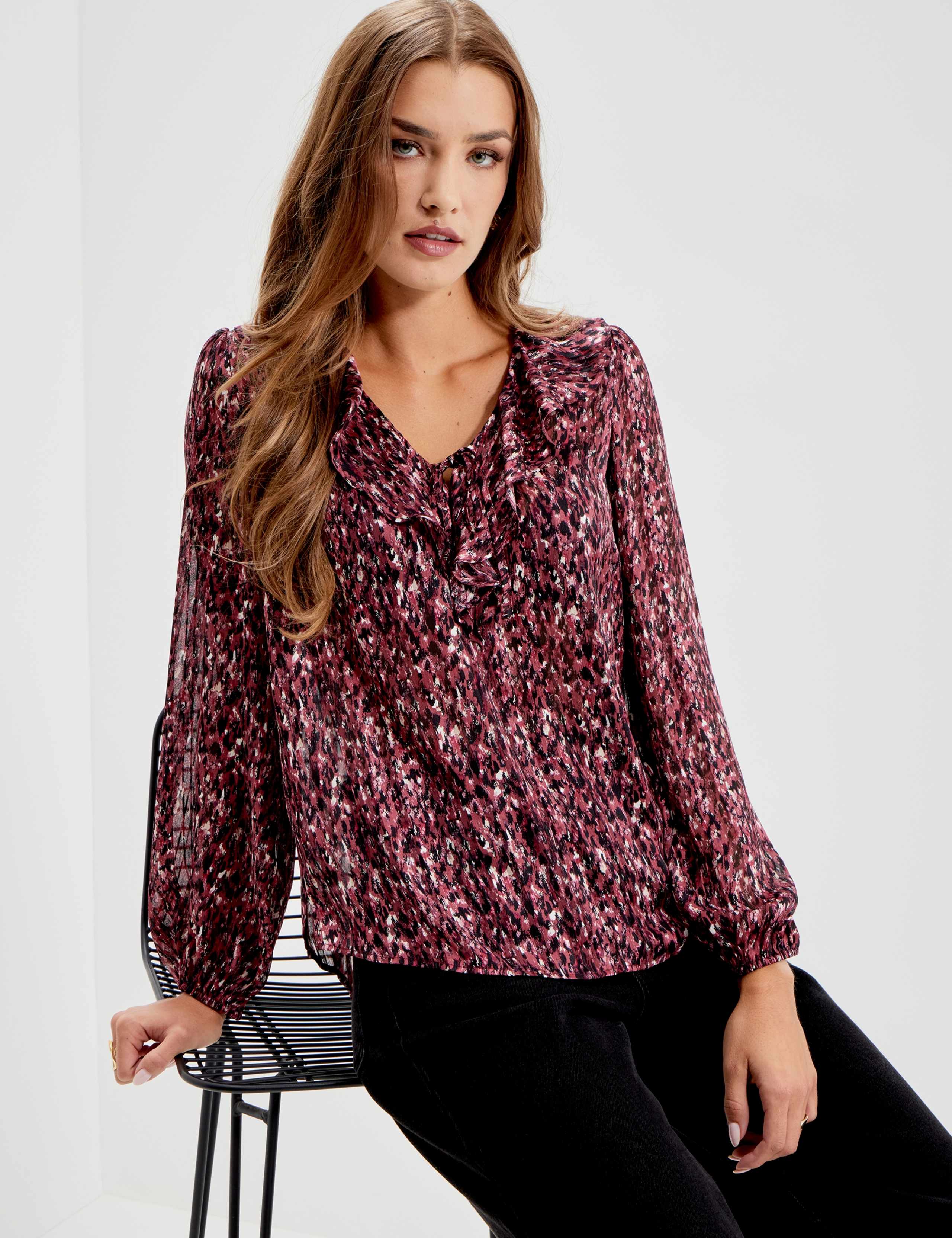 Printed Satin Chiffon Ruffle Blouse