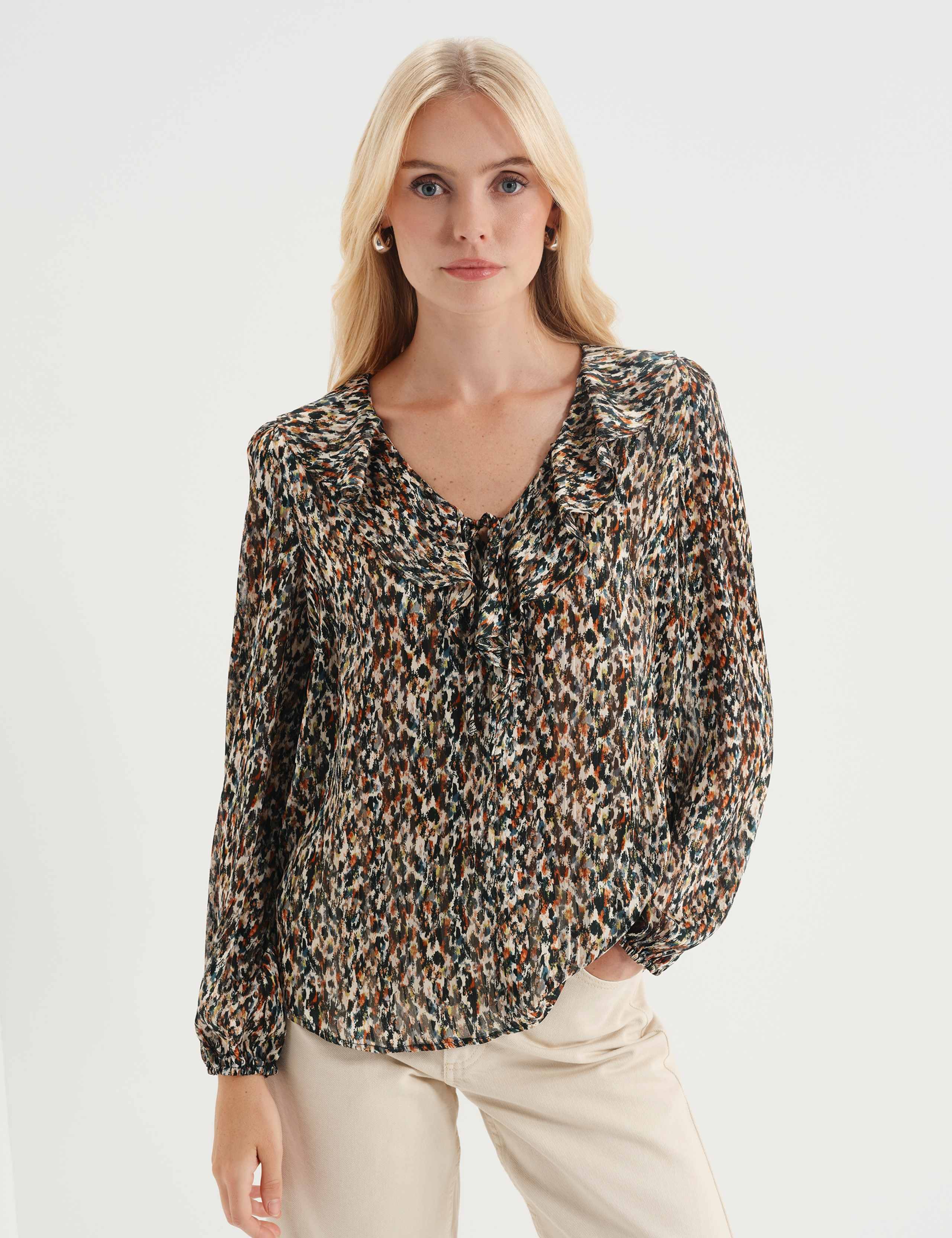 Printed Satin Chiffon Ruffle Blouse