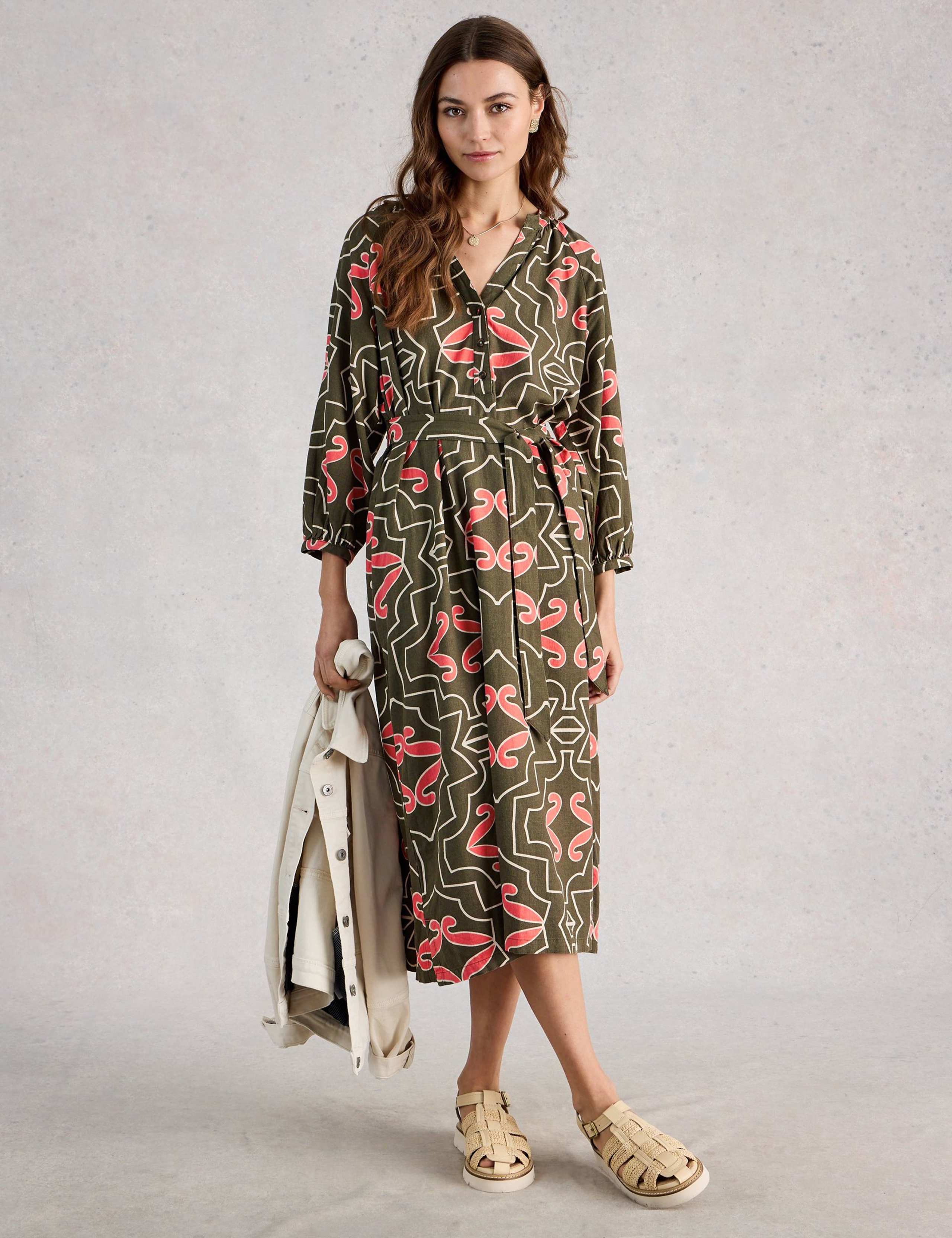 Linen Blend Printed Midi Tea Dress