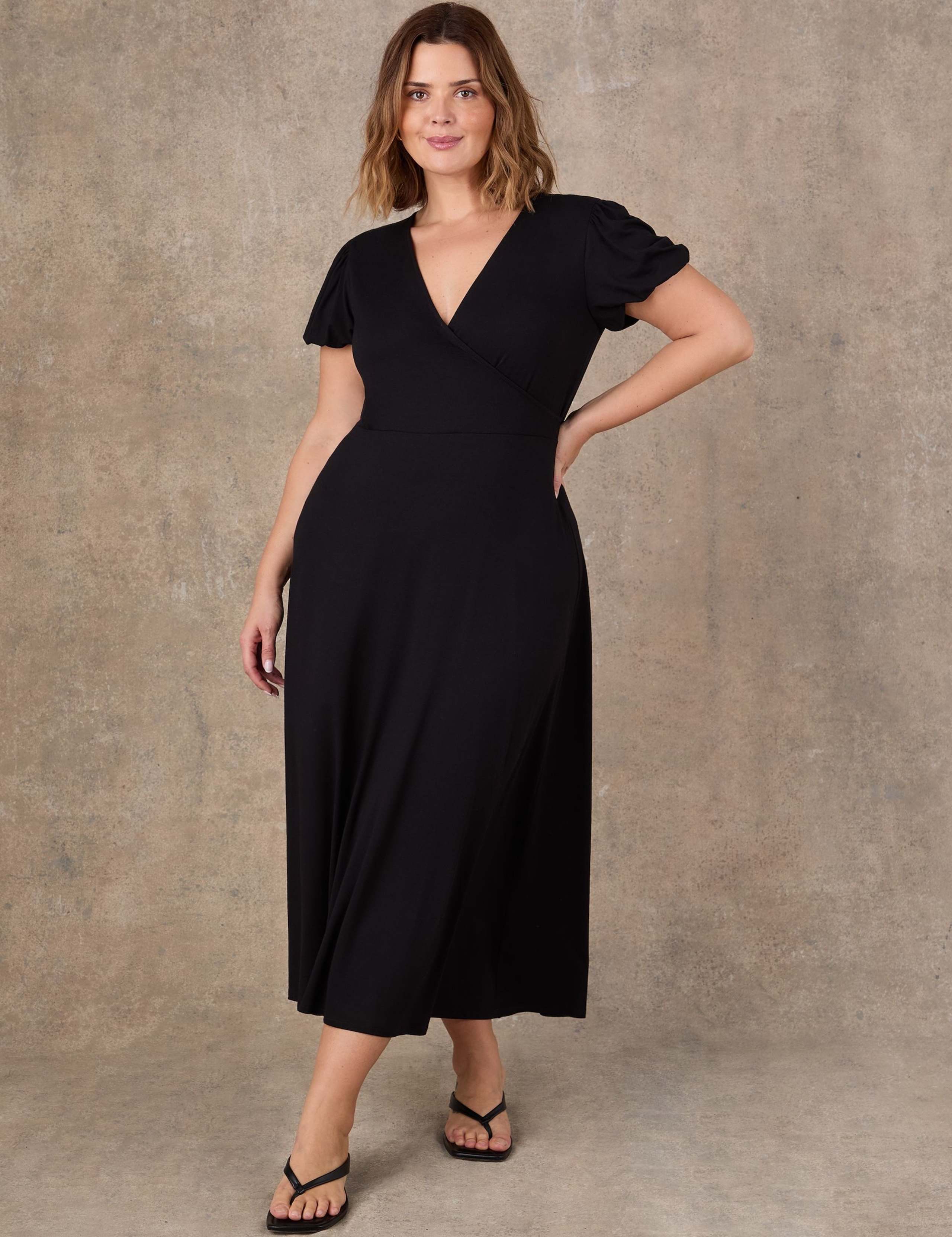 Jersey V-Neck Puff Sleeve Midaxi Wrap Dress