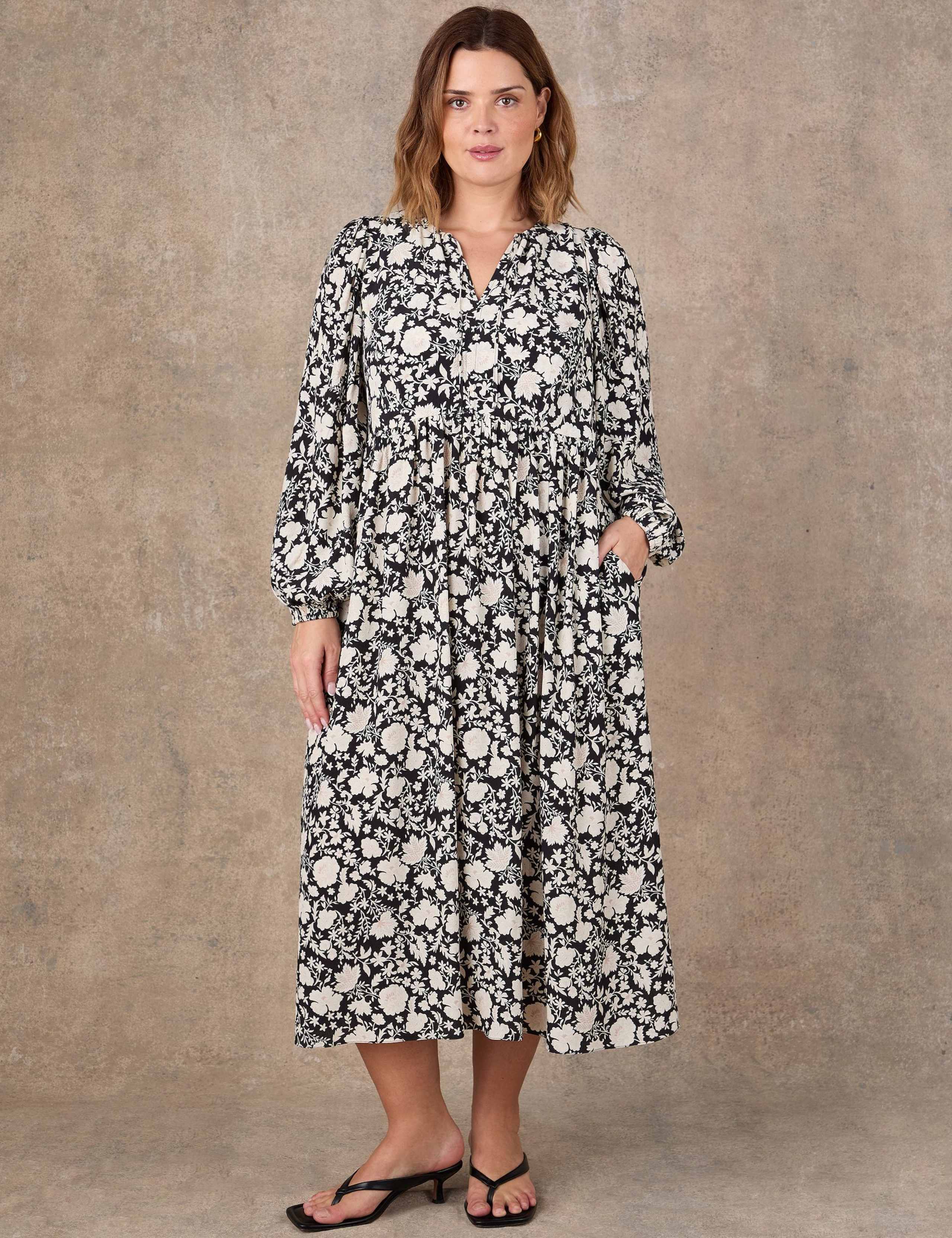 Floral Tie Neck Blouson Sleeve Midaxi Dress