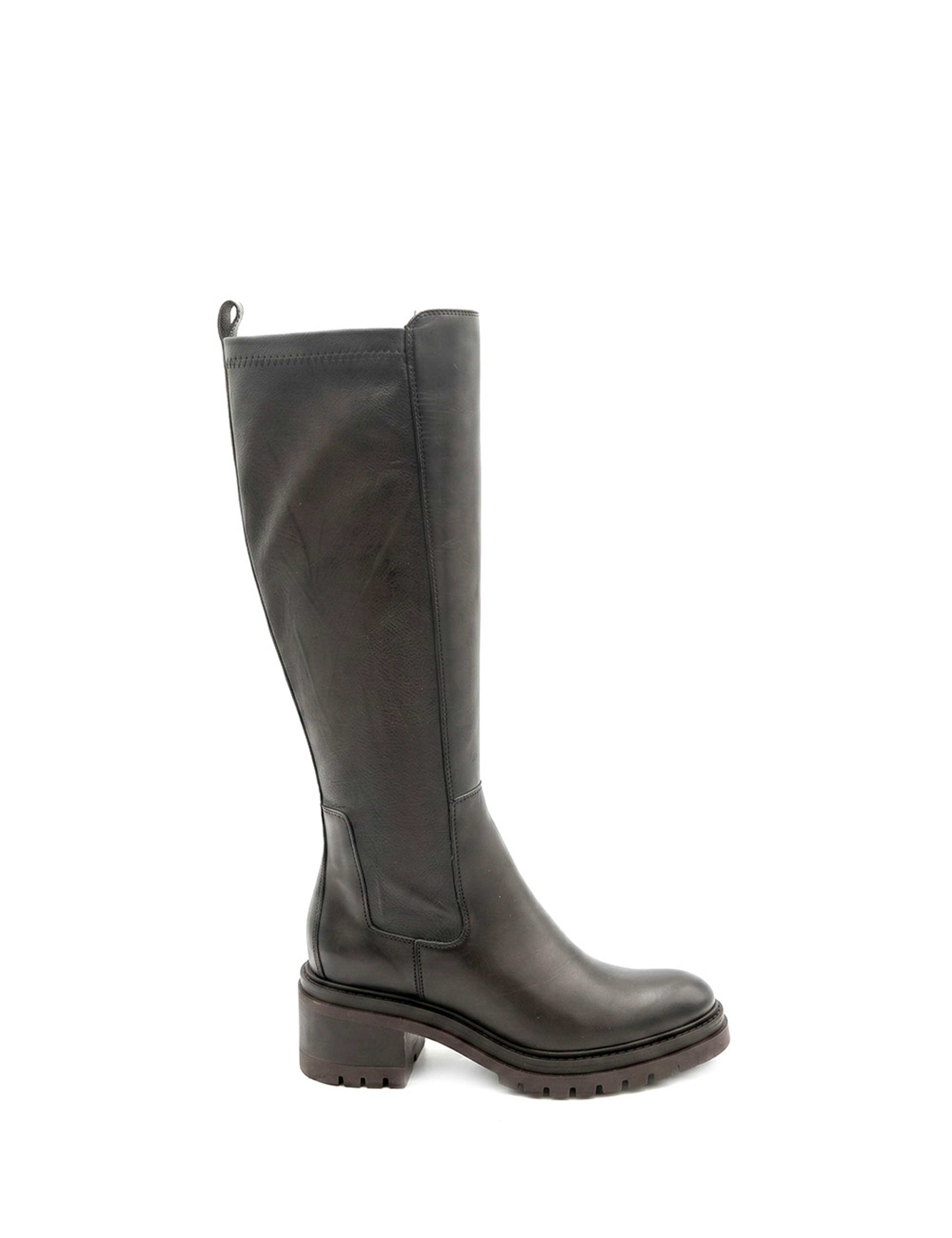 Leather Block Heel Round Toe Knee High Boots
