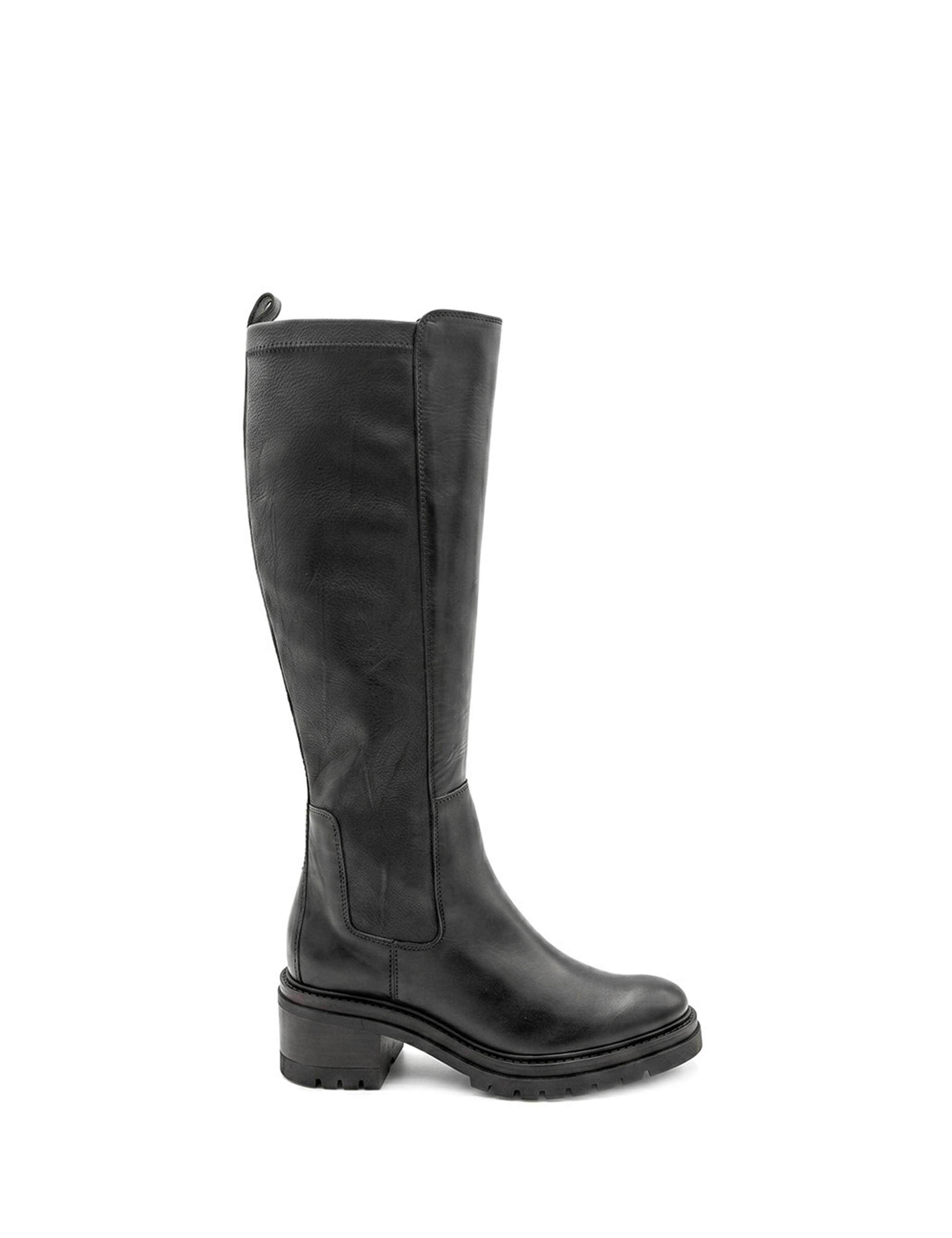 Leather Block Heel Round Toe Knee High Boots
