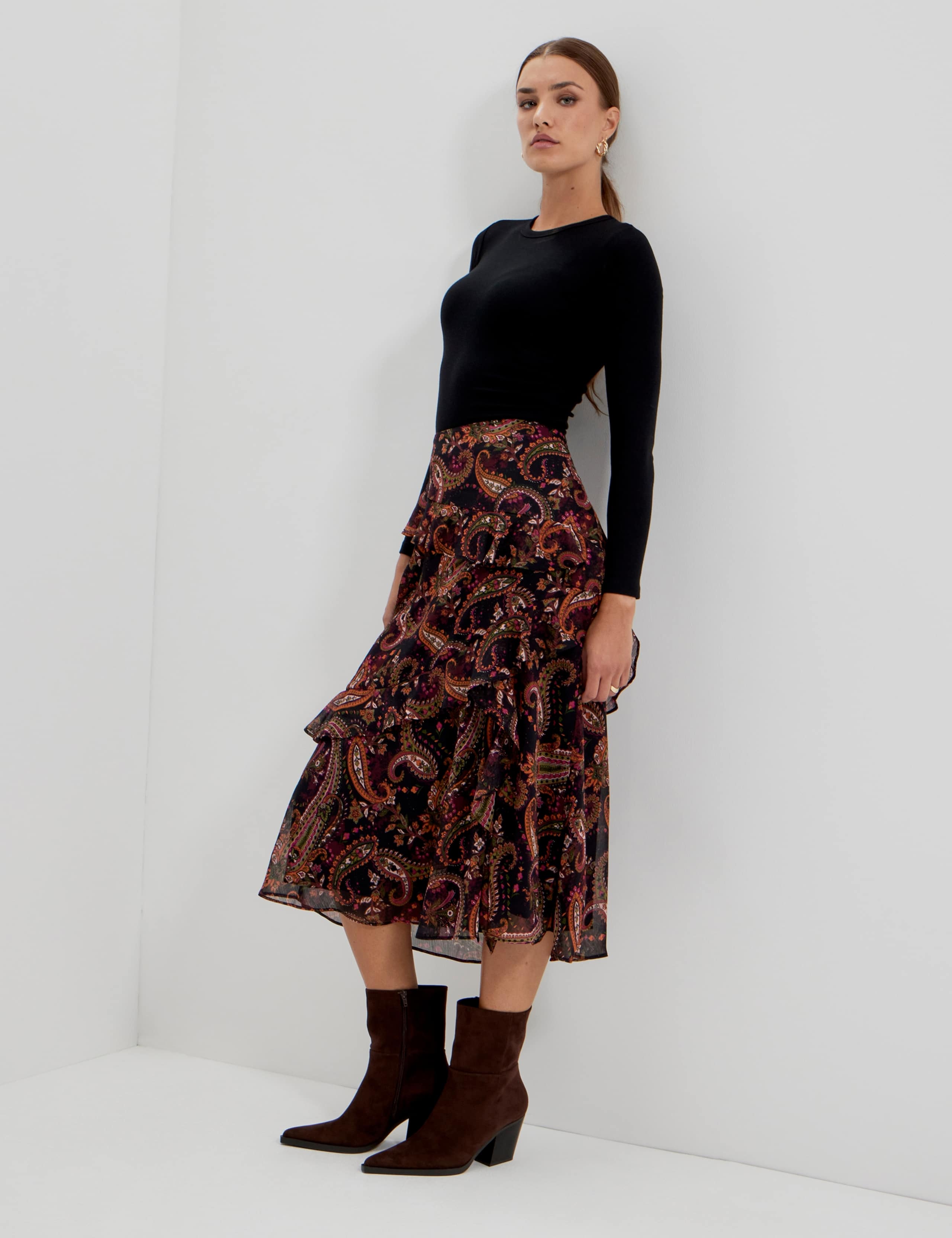 Chiffon Paisley Ruffle Midi Tiered Skirt