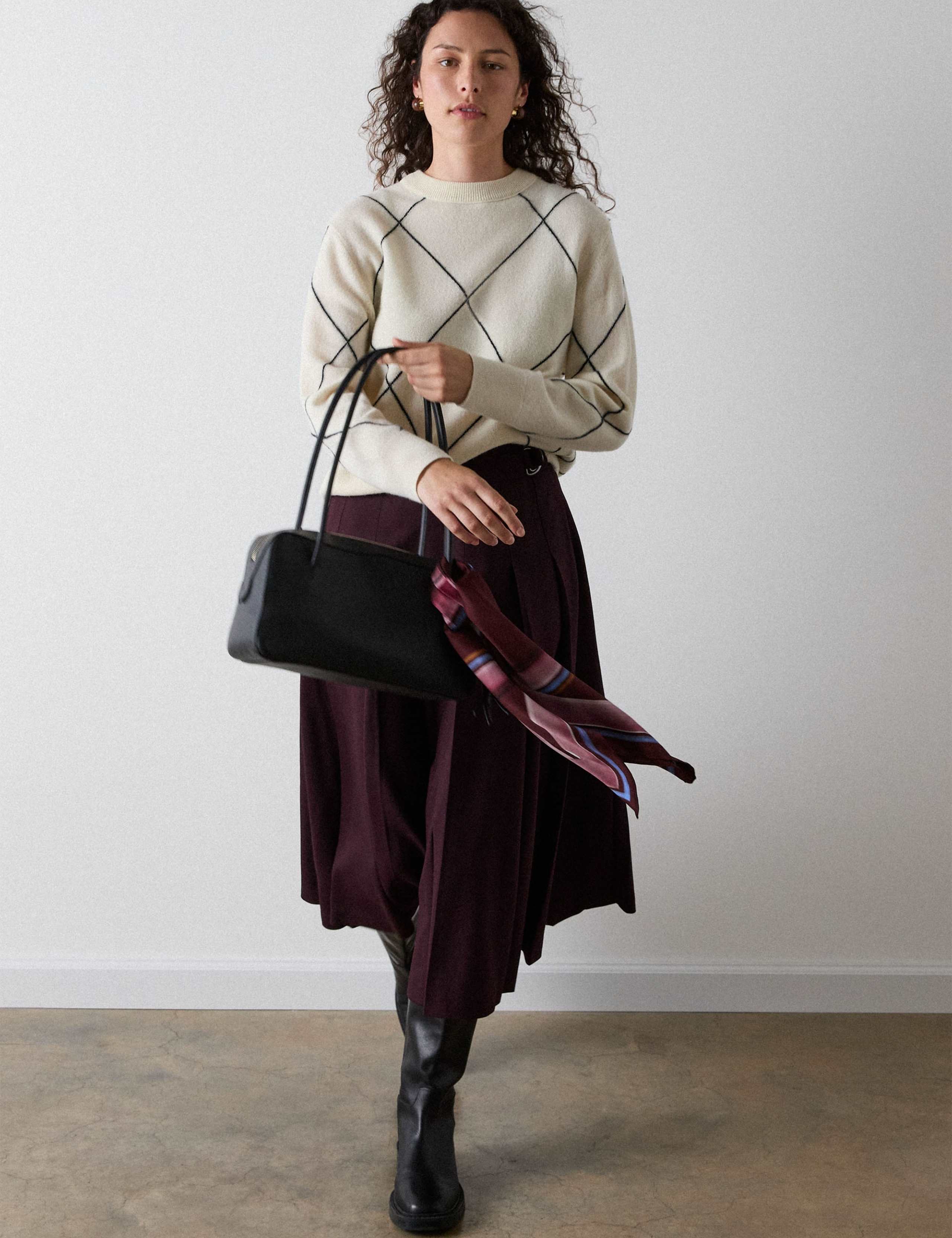Wool Blend Pleated Midi A-Line Kilt Skirt