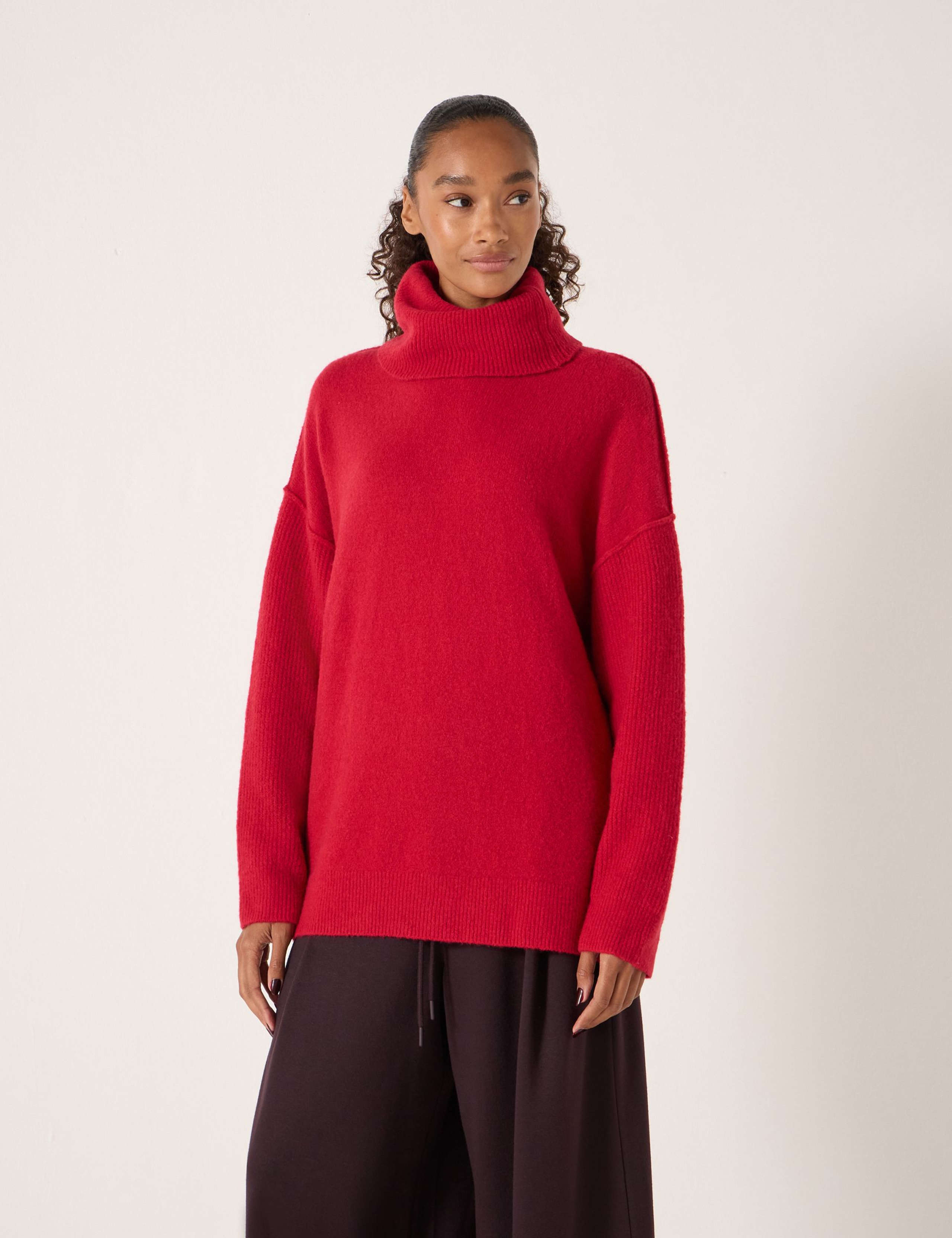 Wool Blend Textured Roll Neck Longline Jumper