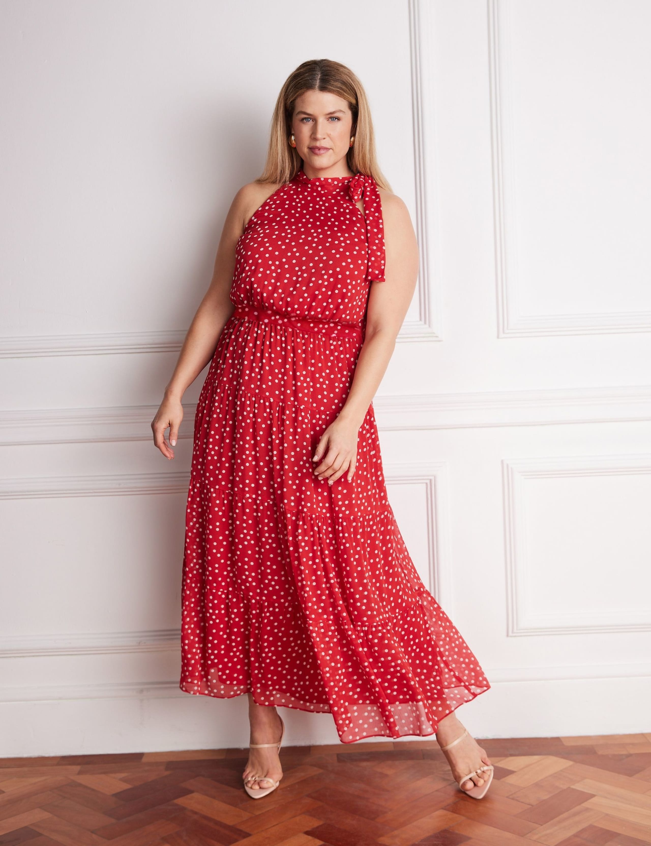 Polka Dot Halter Neck Maxi Waisted Dress