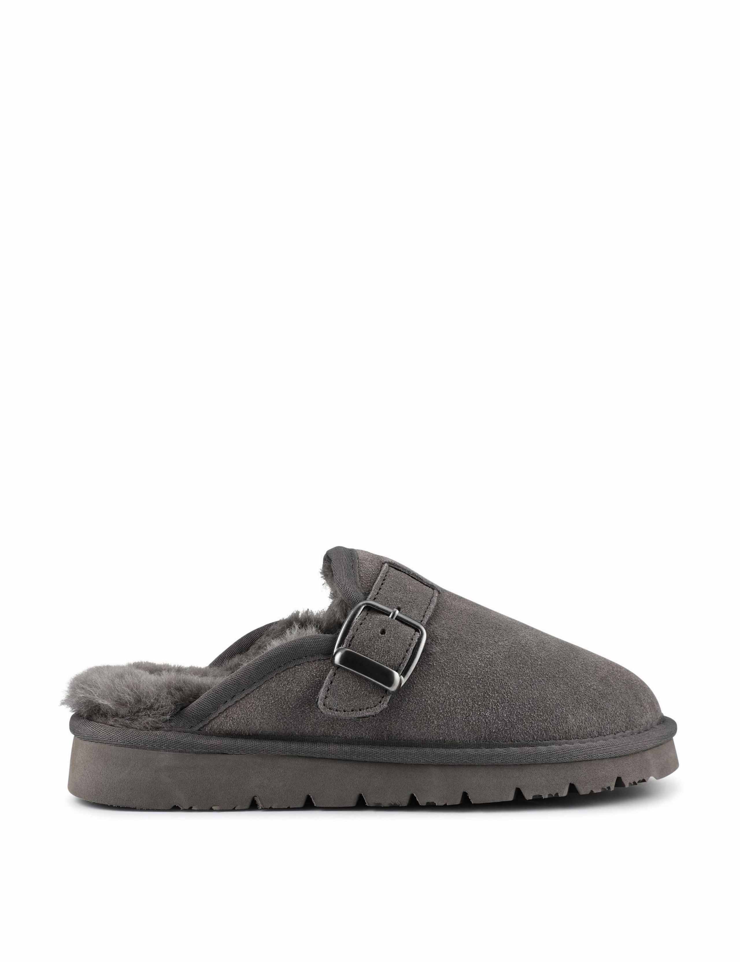 Suede Faux Fur Lined Round Toe Mule Slippers