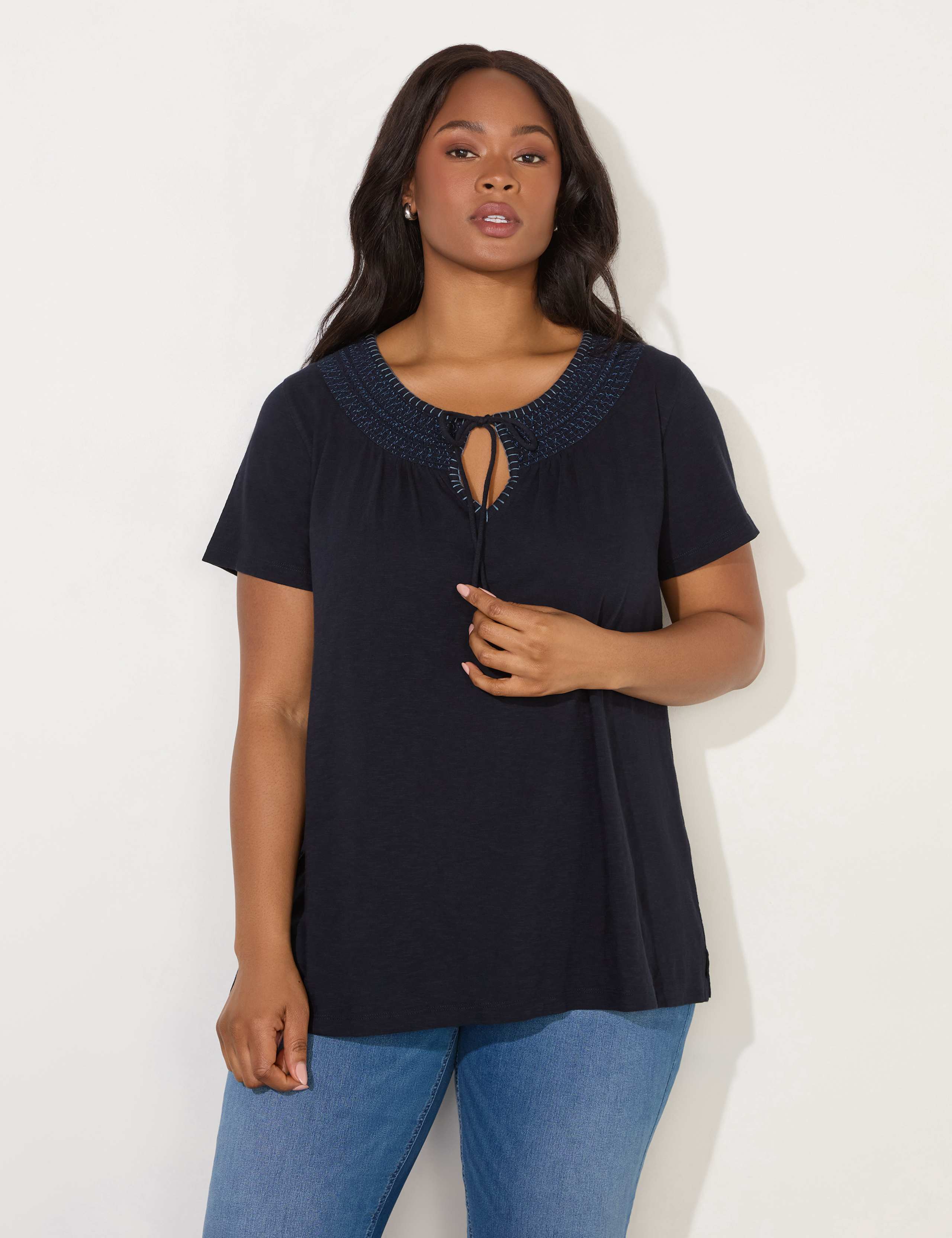 Pure Cotton Embroidered Shirred Neck Top