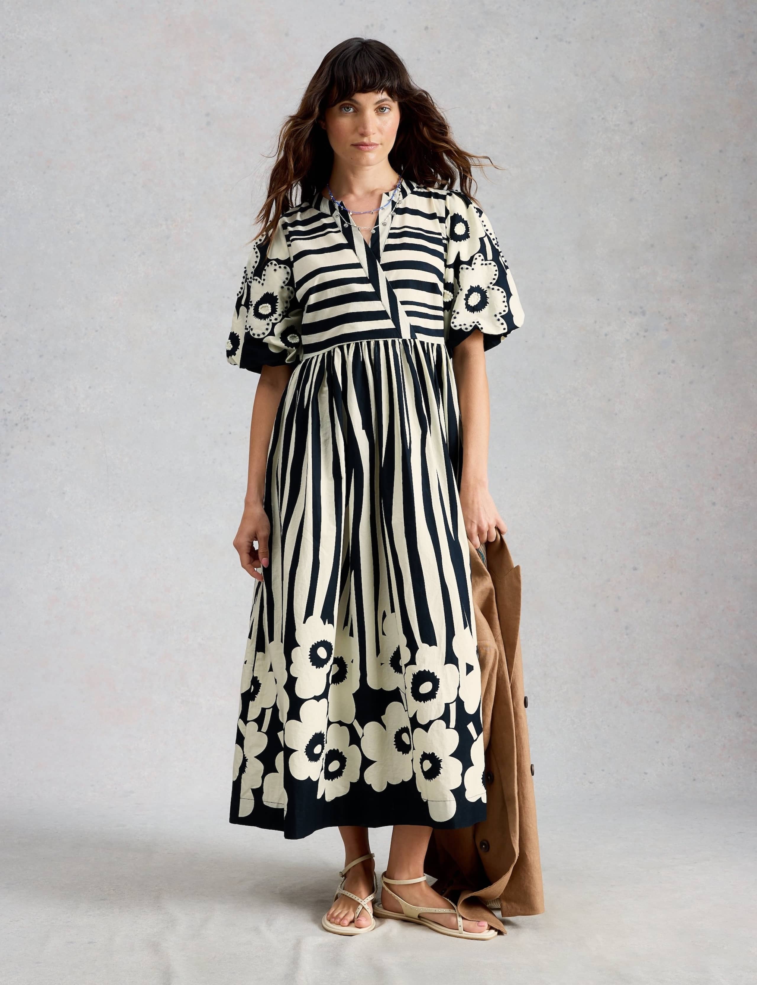 Pure Cotton Striped Midi Waisted Dress