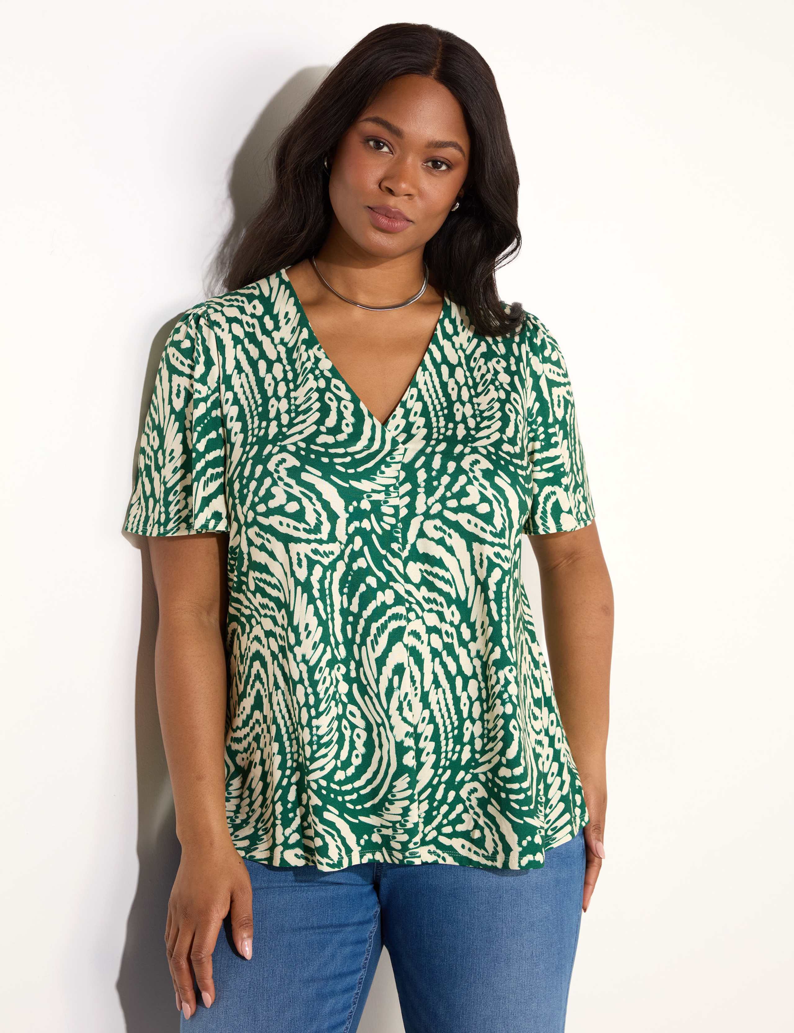 Jersey Printed V-Neck Angel Sleeve Top