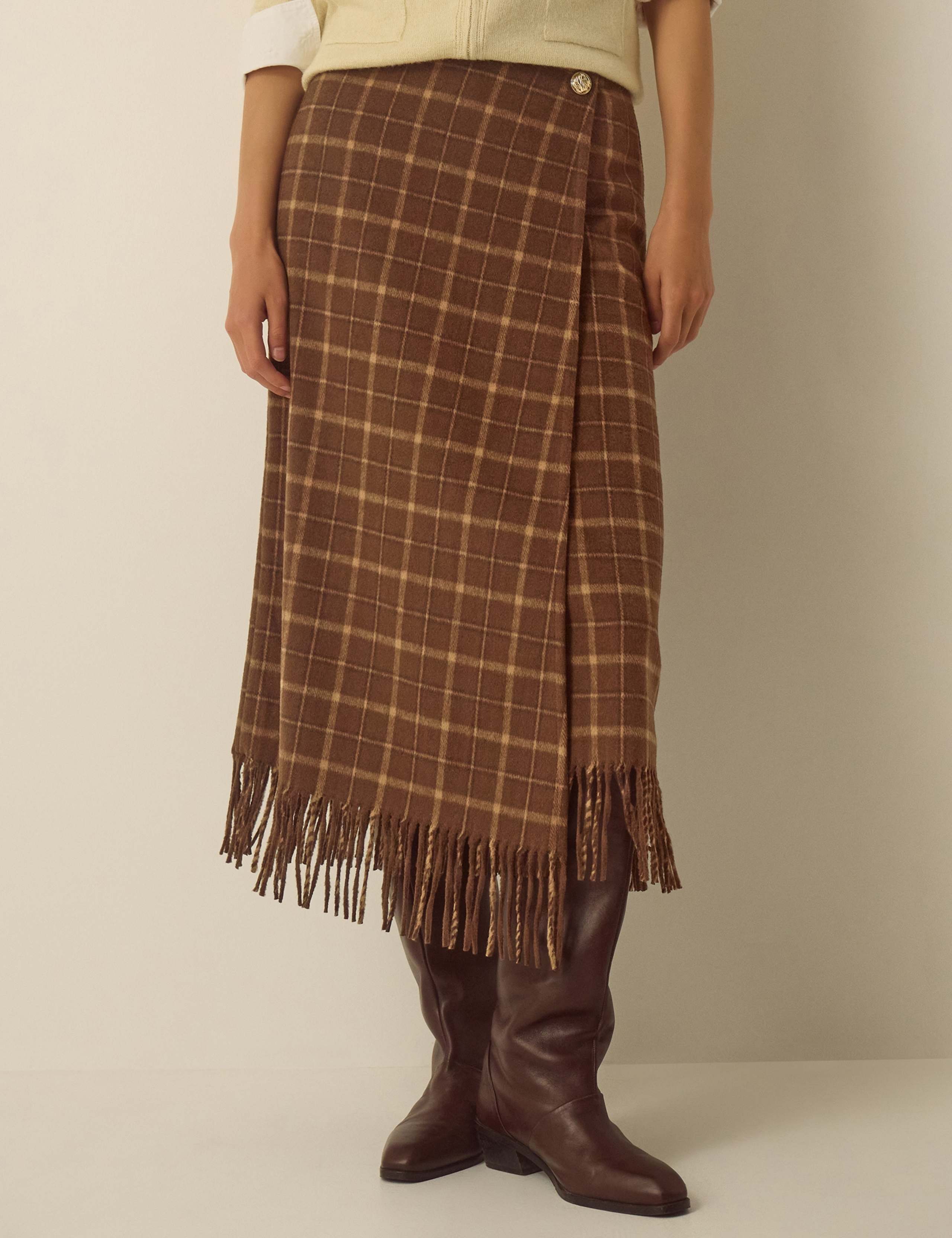 Wool Rich Checked Wrap Midi Skirt