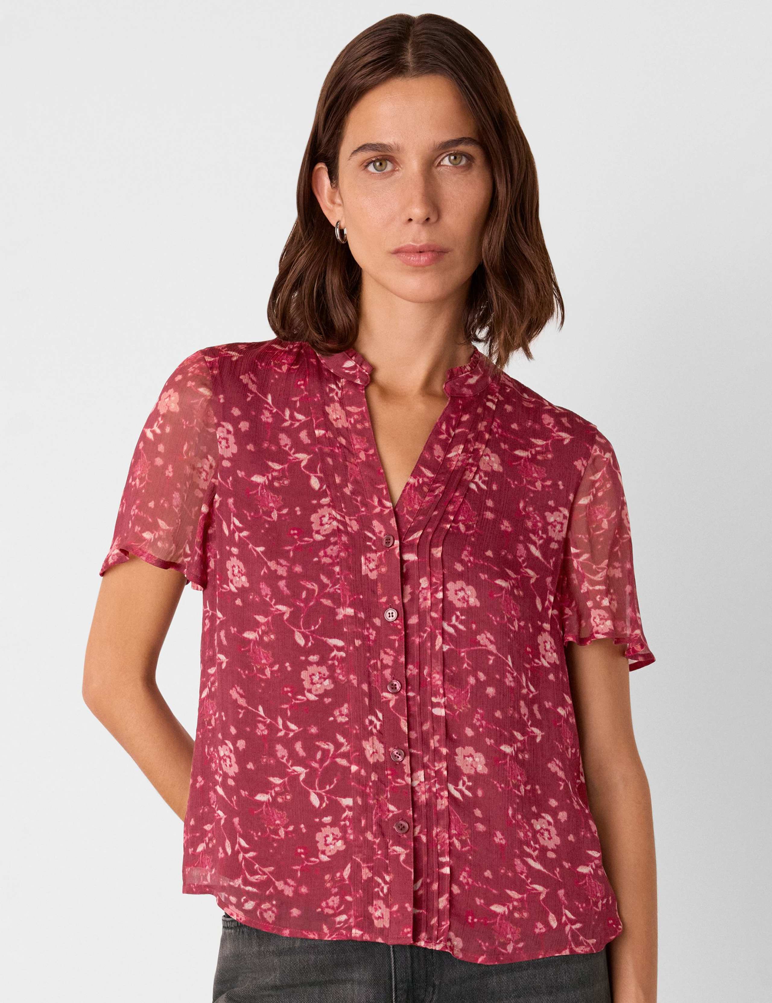 Floral Textured V-Neck Pintuck Blouse