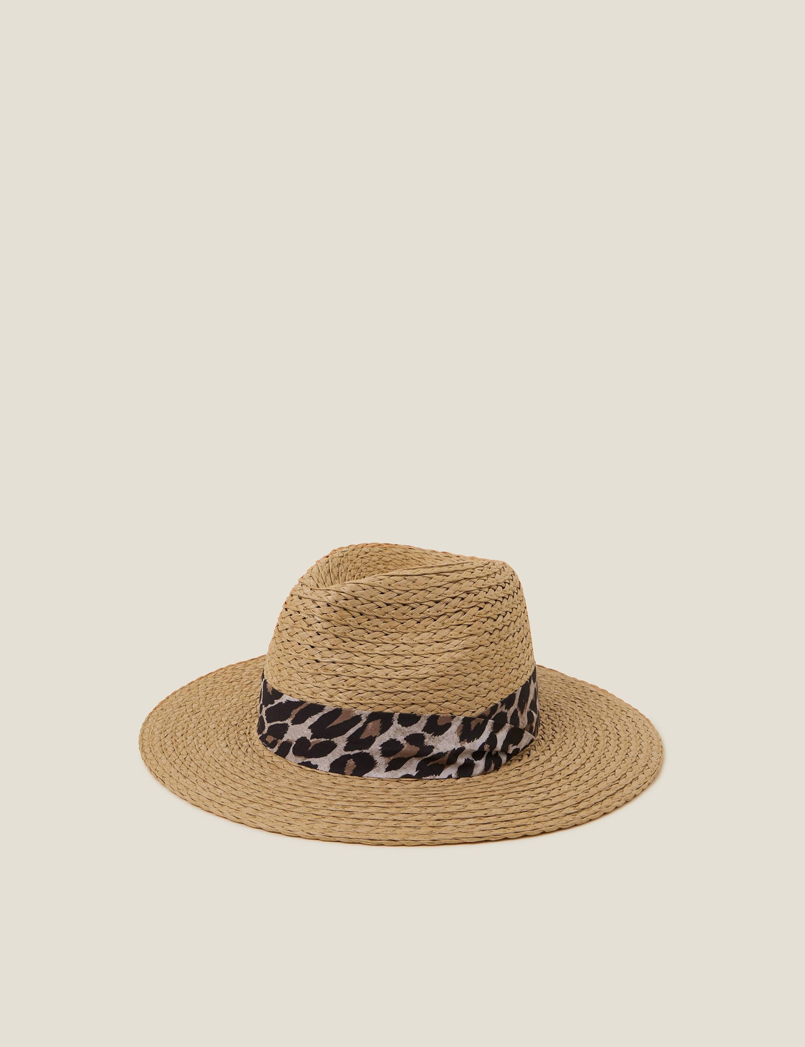 Woven Straw Leopard Trim Fedora Hat
