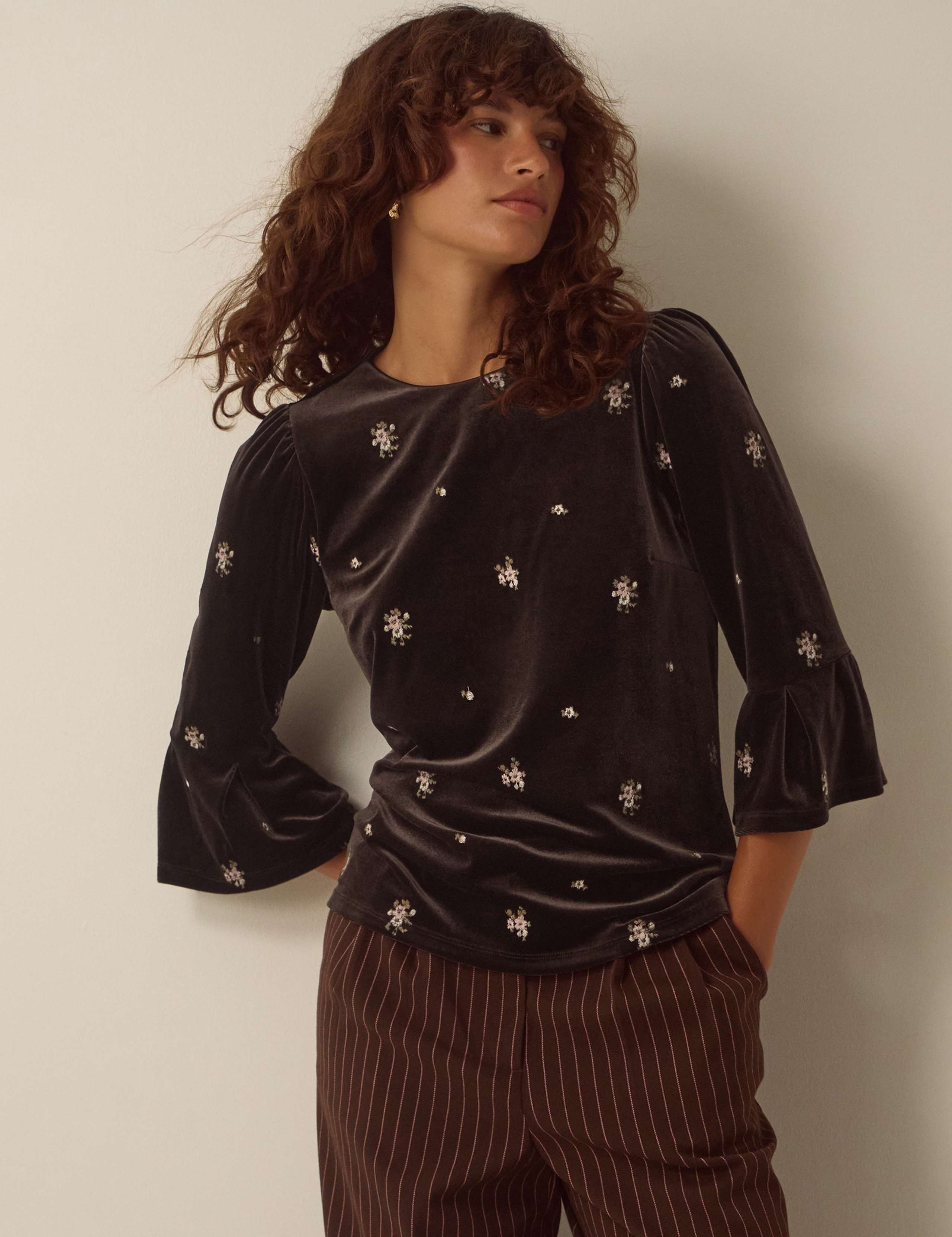 Velvet Embroidered Crew Neck Blouse